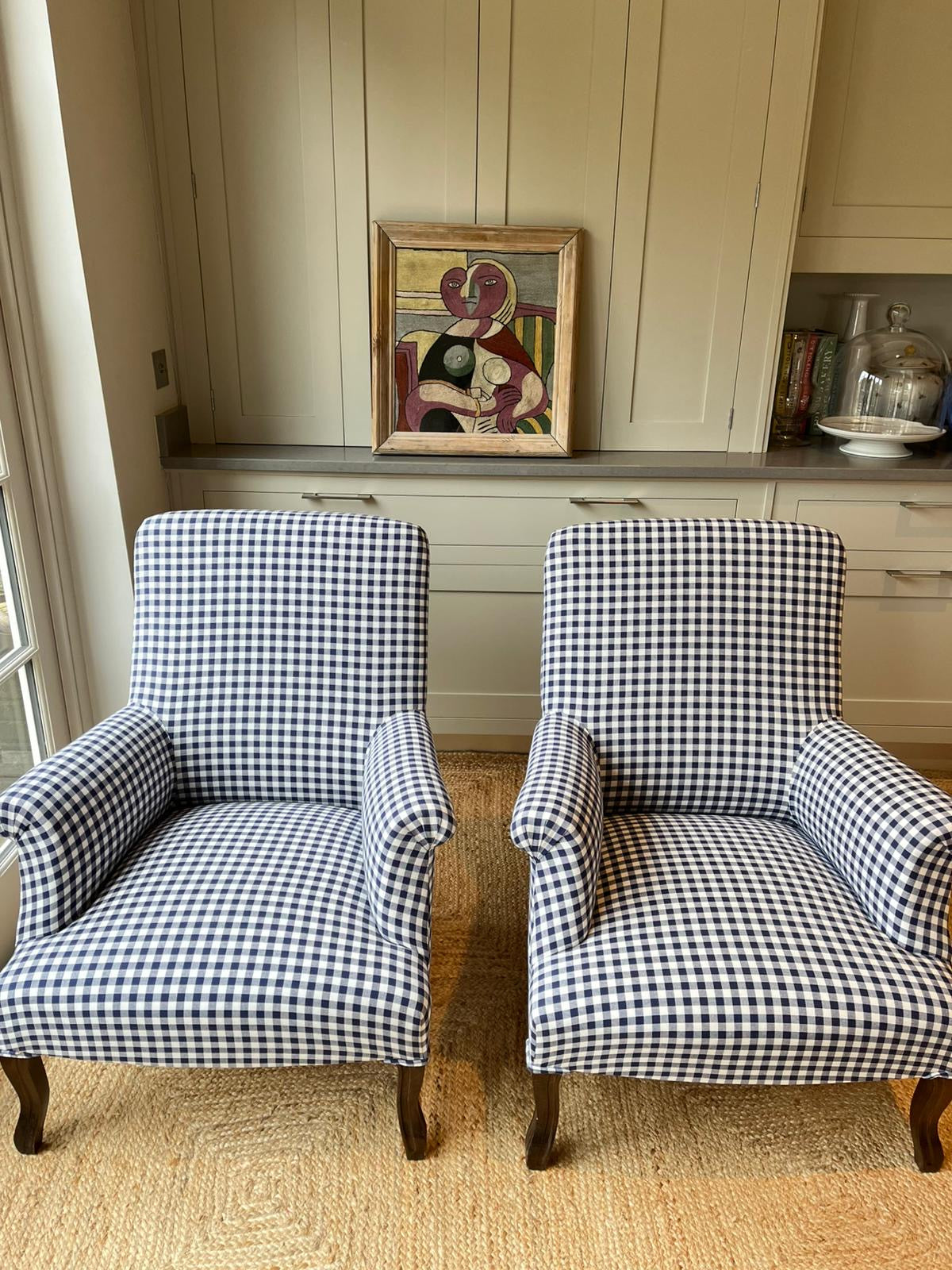 Pair of French Squareback Armchairs in Blue And White Gingham
