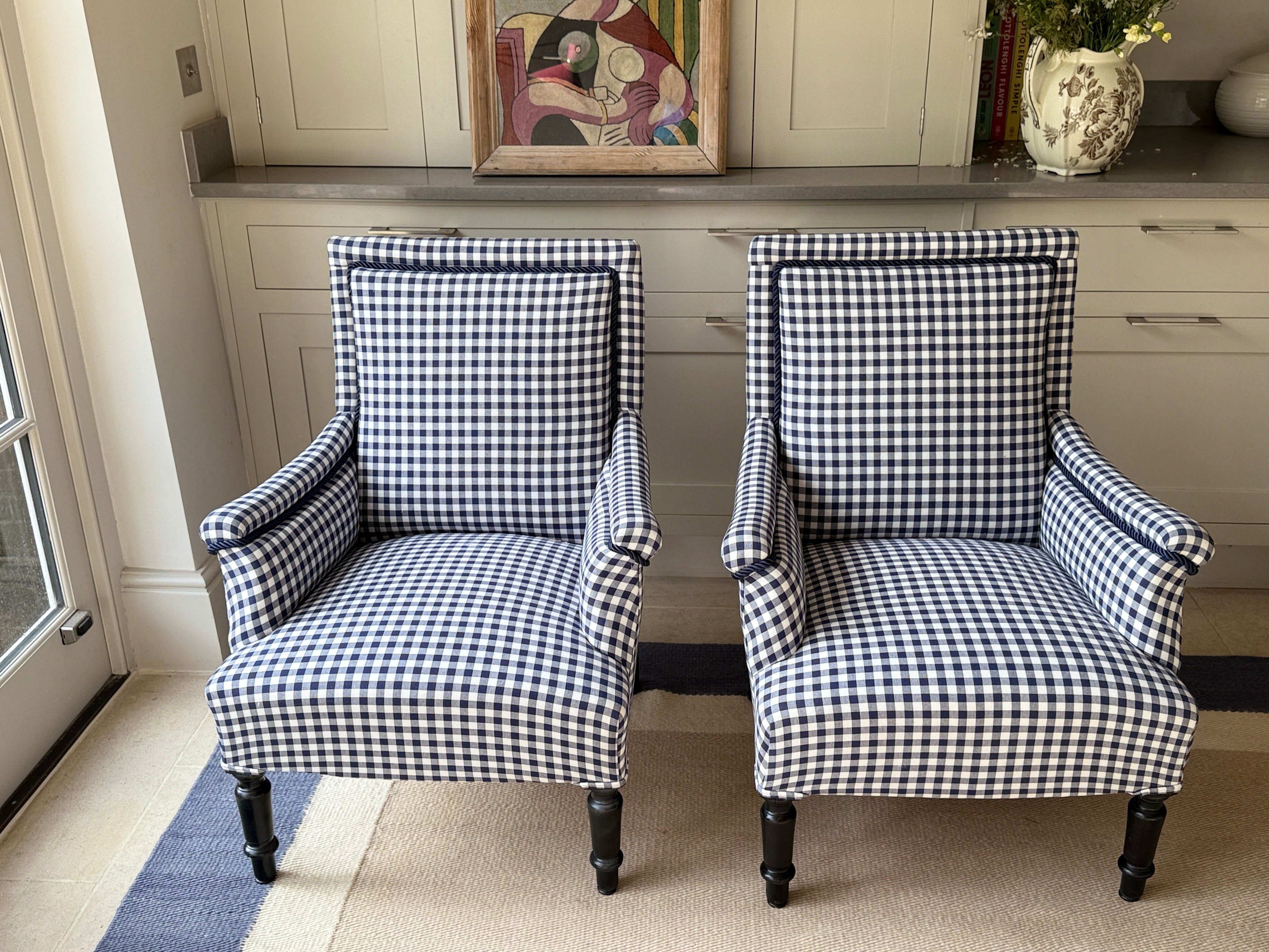 Pair of 19th Century French Armchairs in Navy Gingham