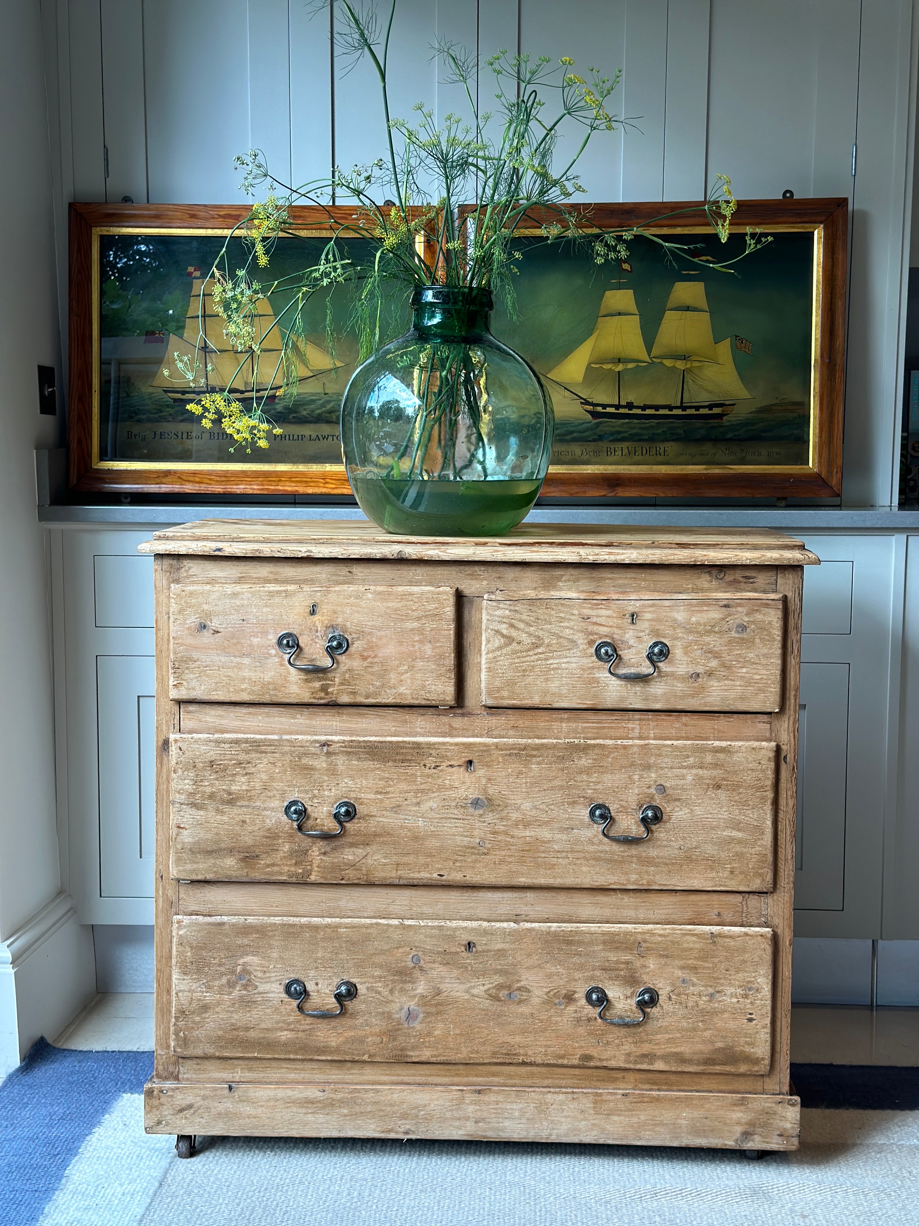 Charming Antique Pine Chest of Drawers on castors