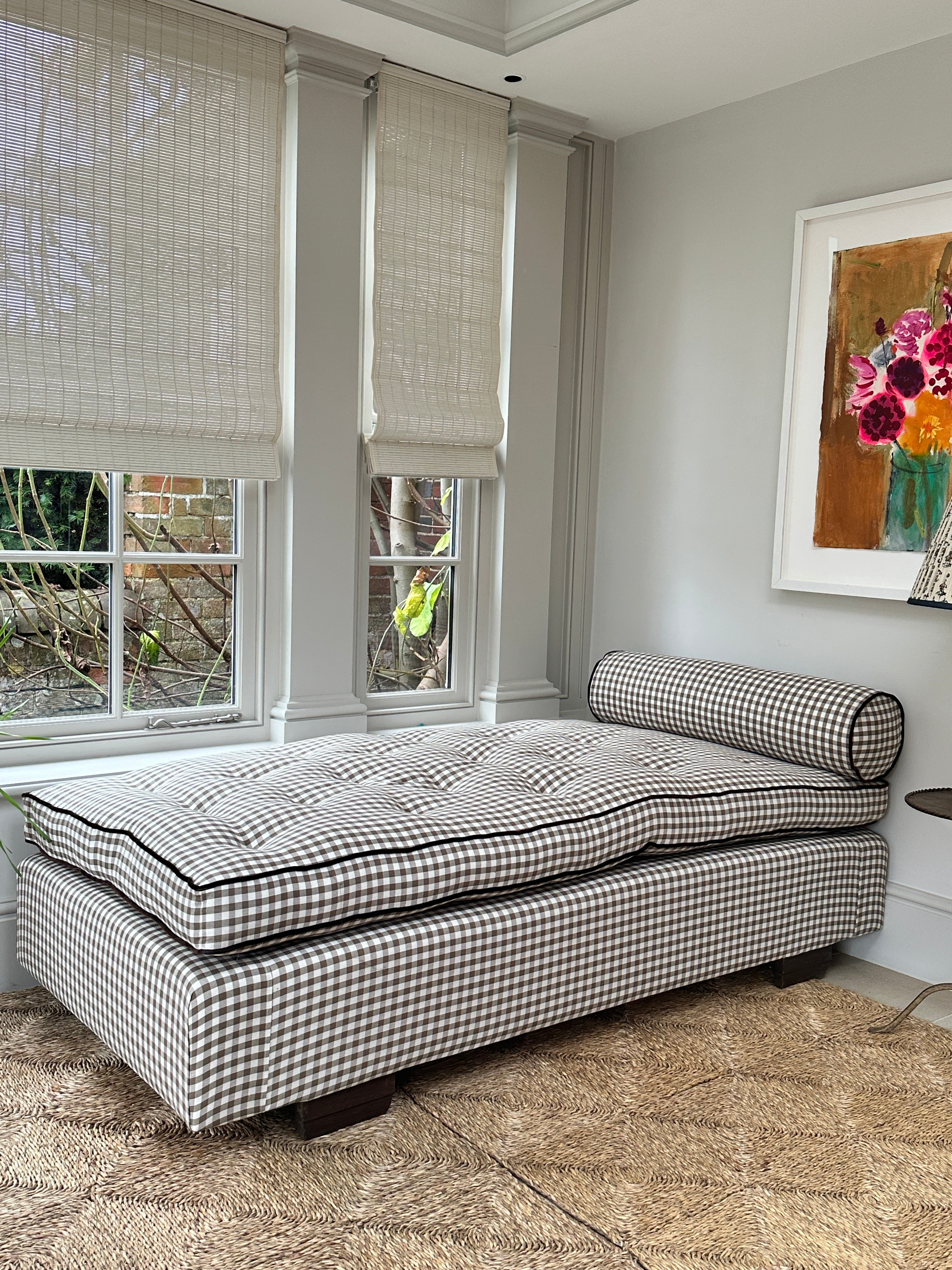 Large Daybed with Squab cushion in brown gingham and brown velvet piping and buttons.