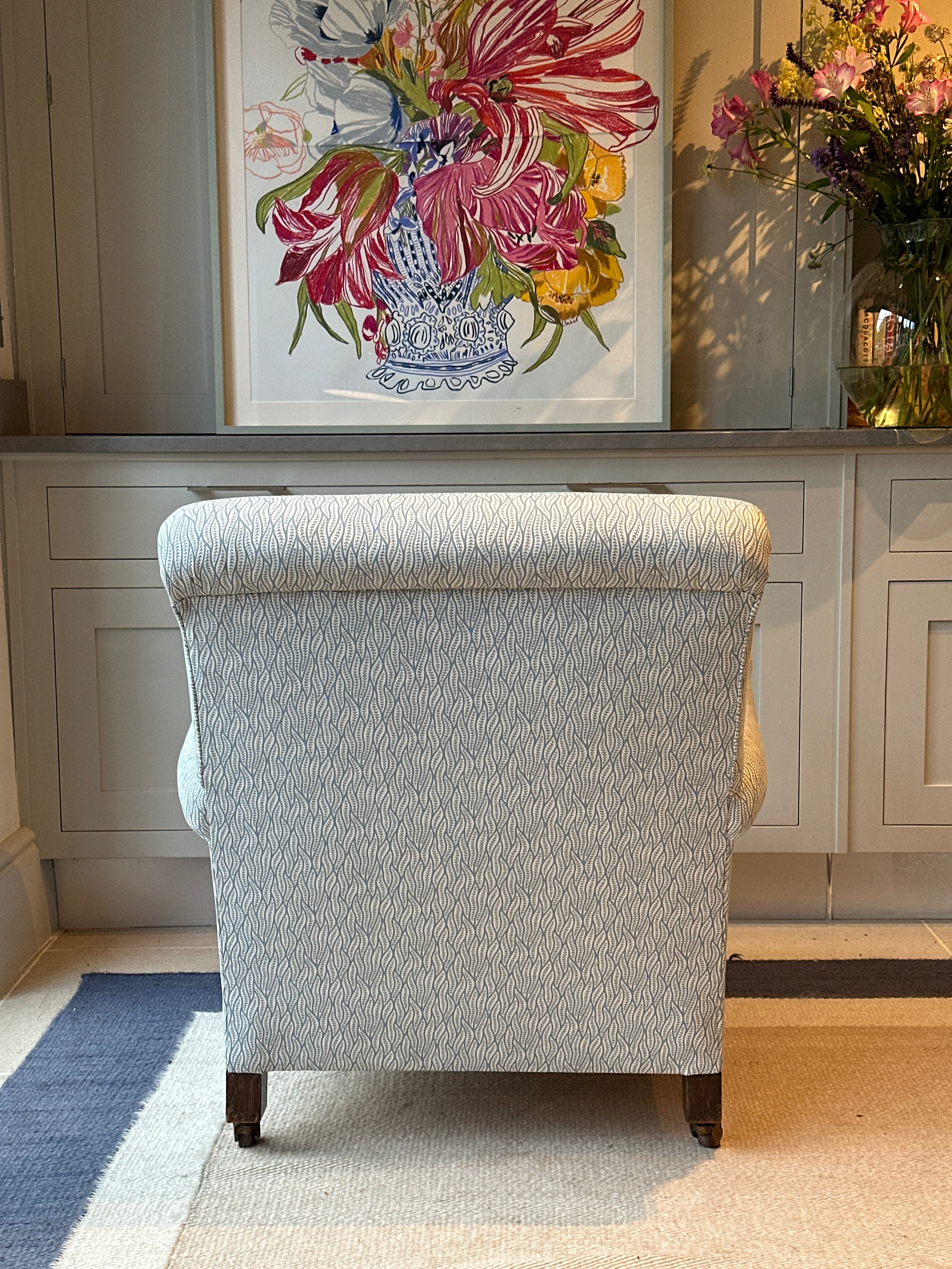 Large English 19th Century Armchair in Bennison Benjelloun Teal on Oyster