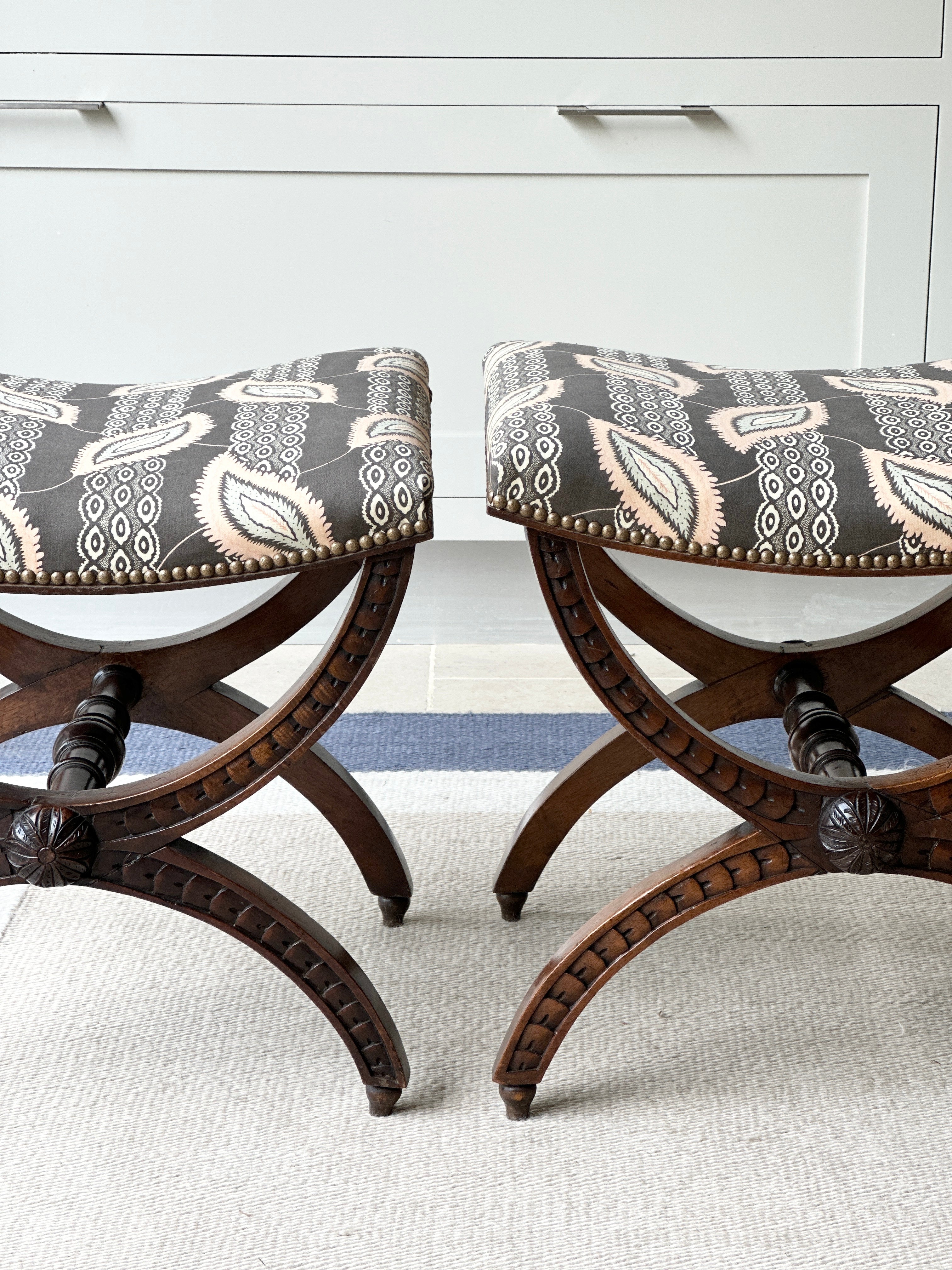 Pair of English X Frame Footstools in John Stefanidis Josephine