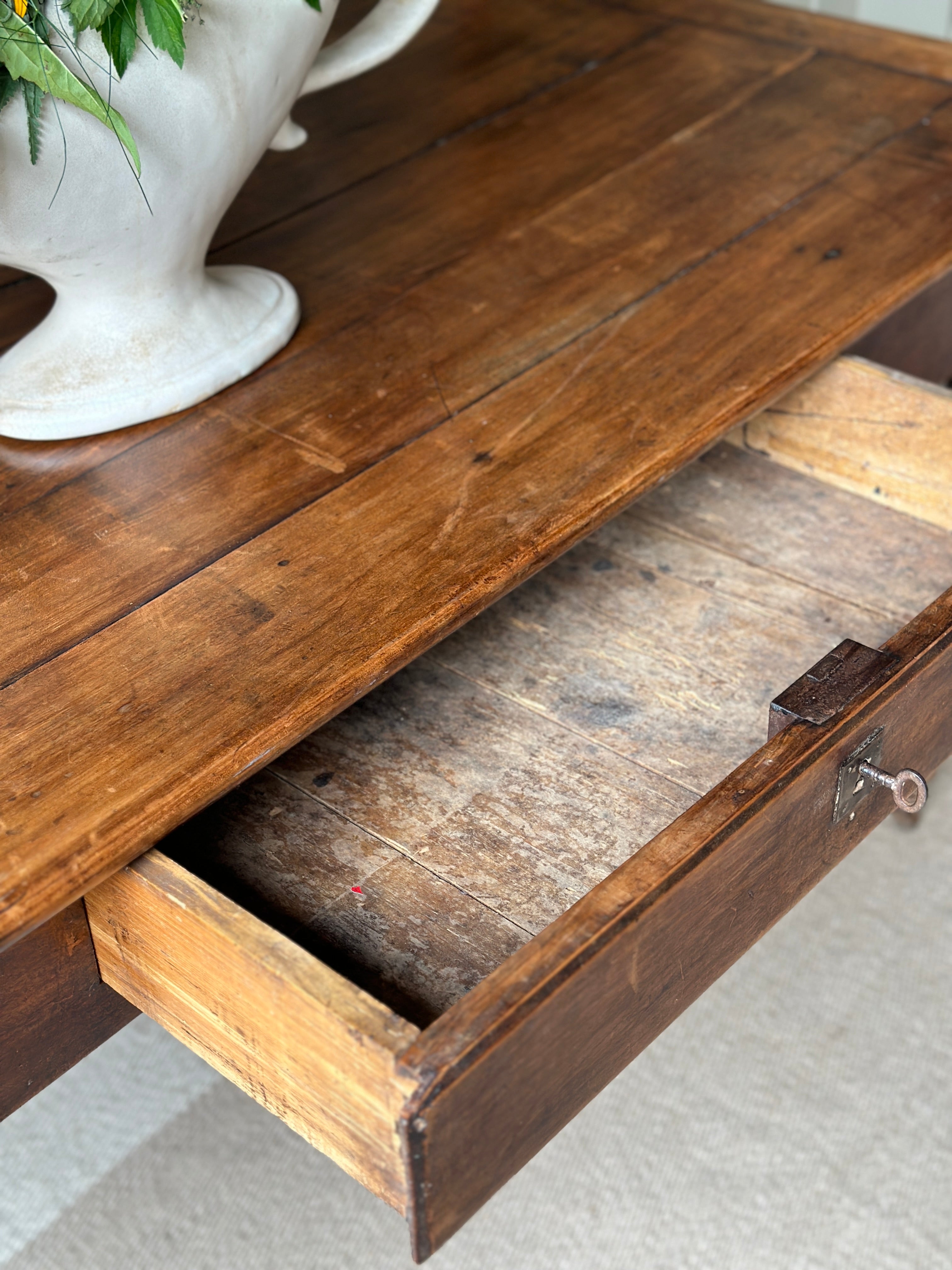 French Antique Pine Dining Table with drawer