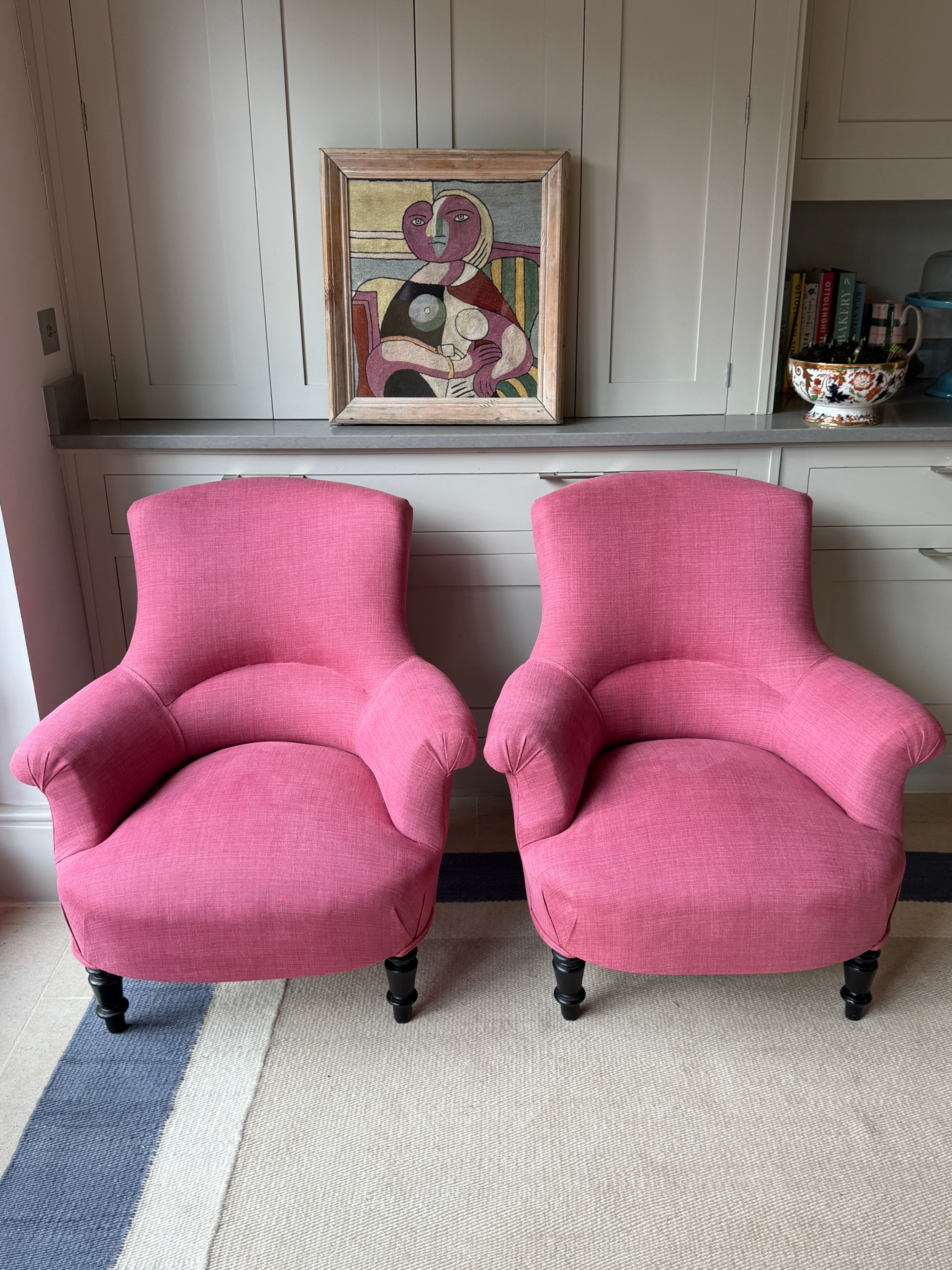 Pair of French Crapaud Tub Chairs in Pink linen