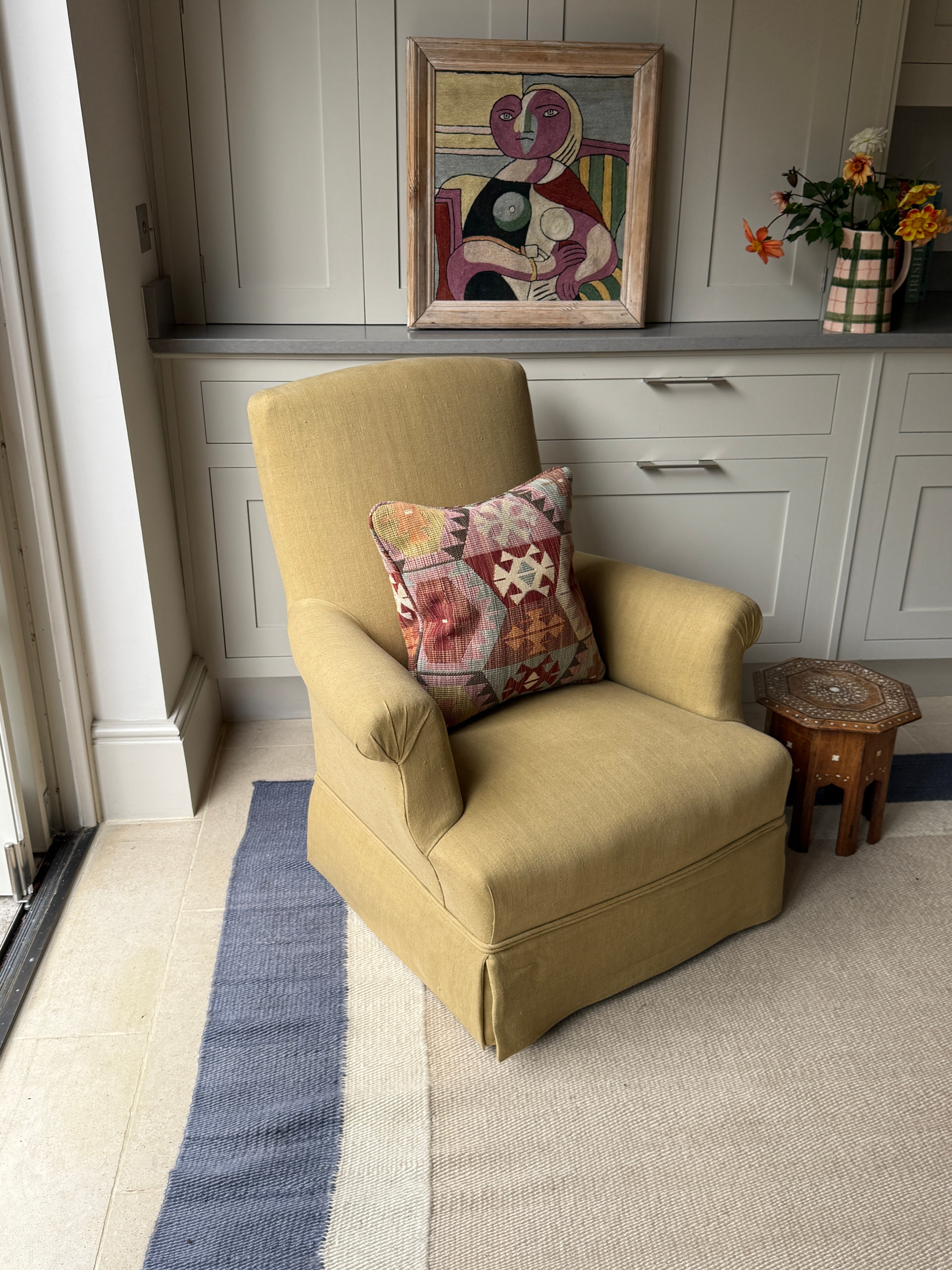 French Squareback Chair Upholstered on yellow linen with skirt