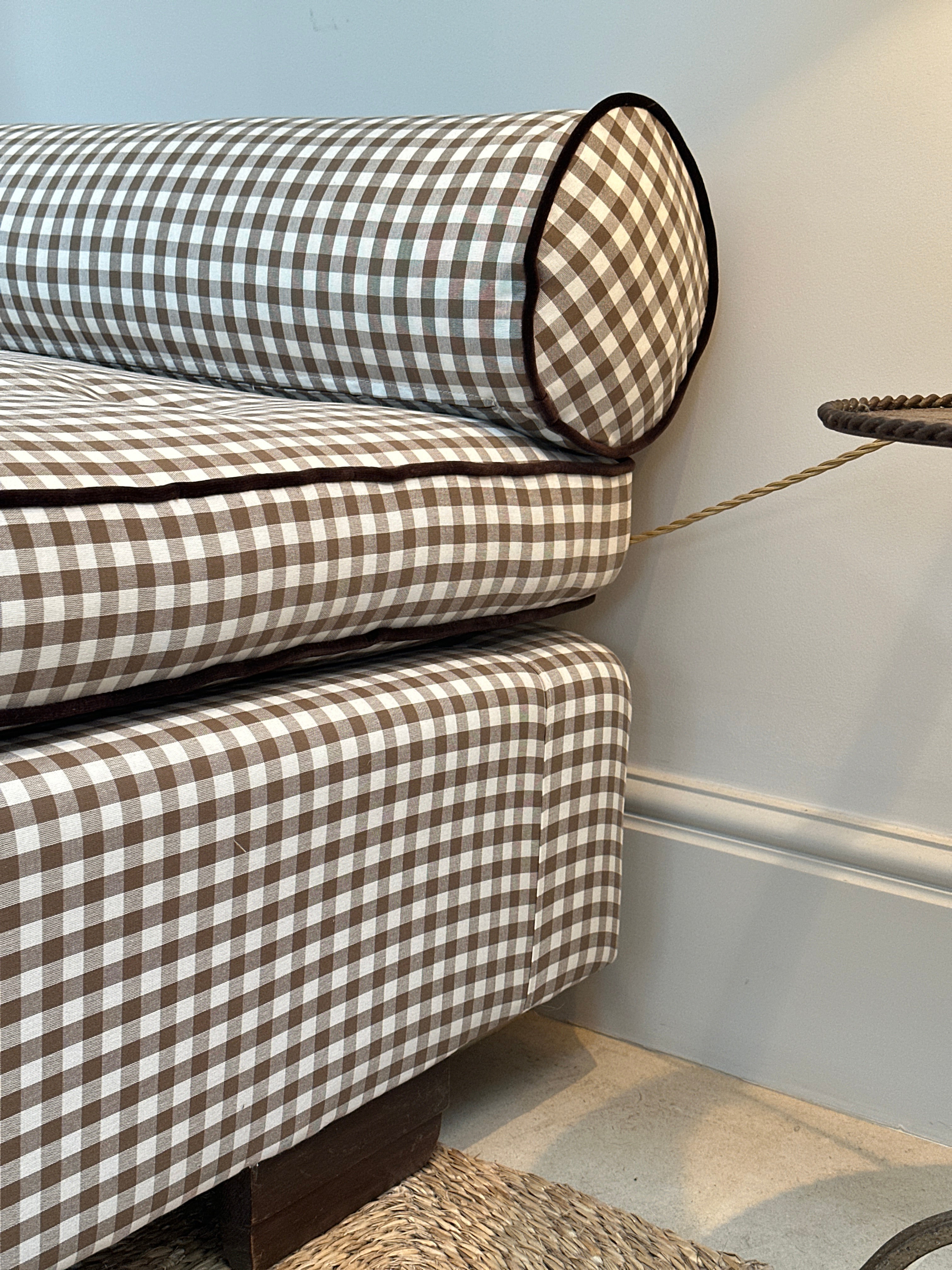 Large Daybed with Squab cushion in brown gingham and brown velvet piping and buttons.