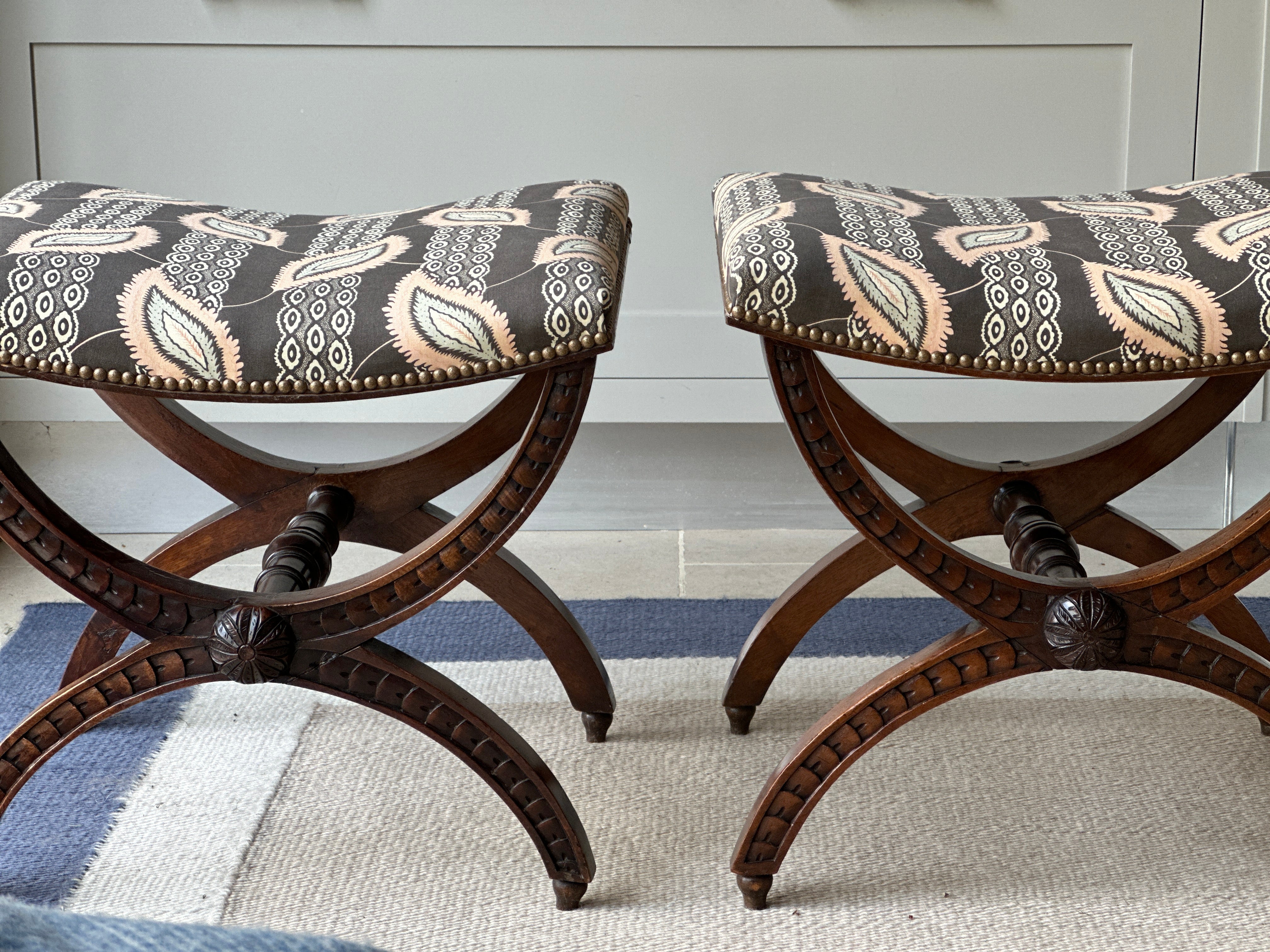 Pair of English X Frame Footstools in John Stefanidis Josephine