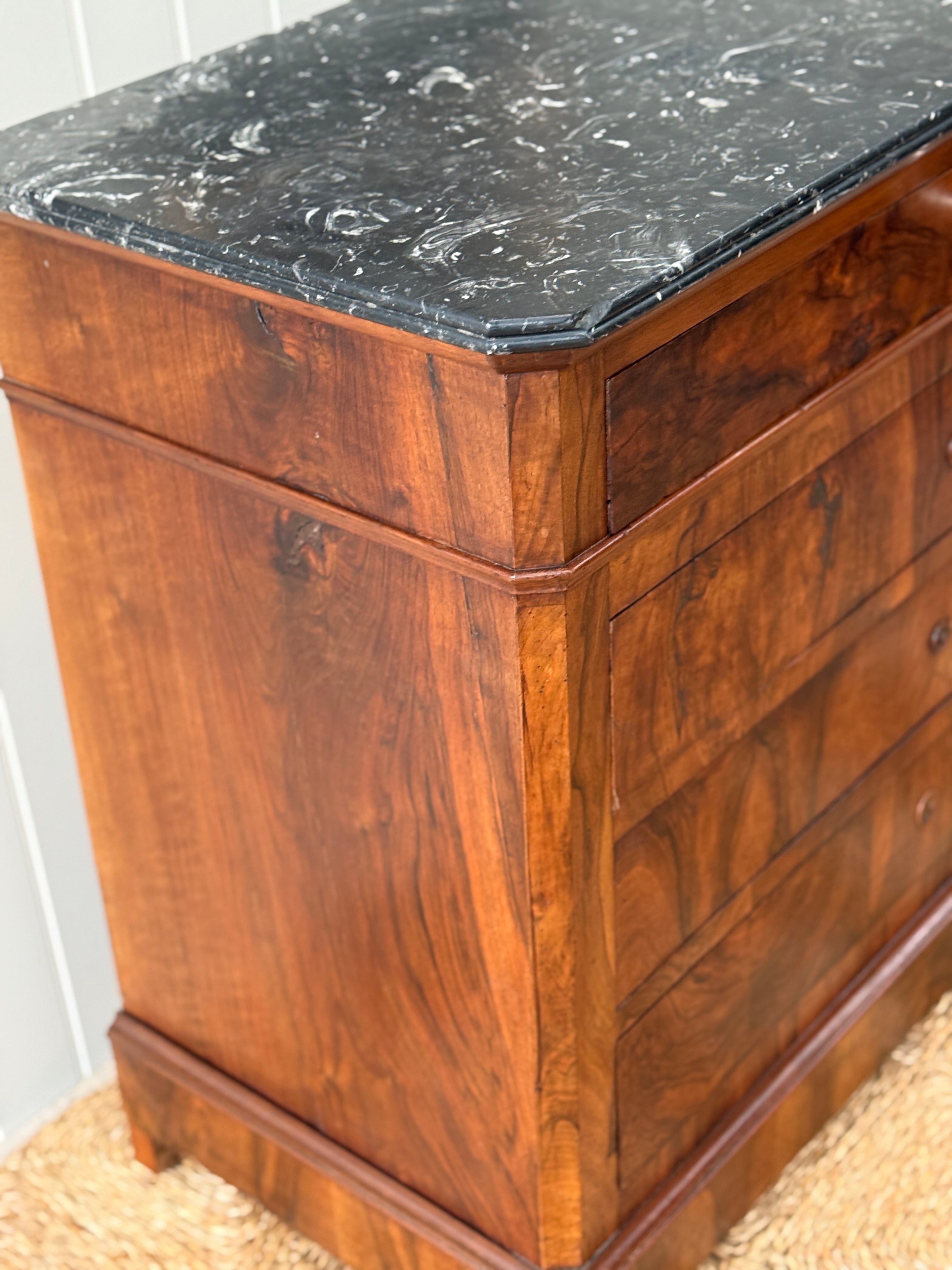 French Walnut Commode with Dappled Grey Marble Top