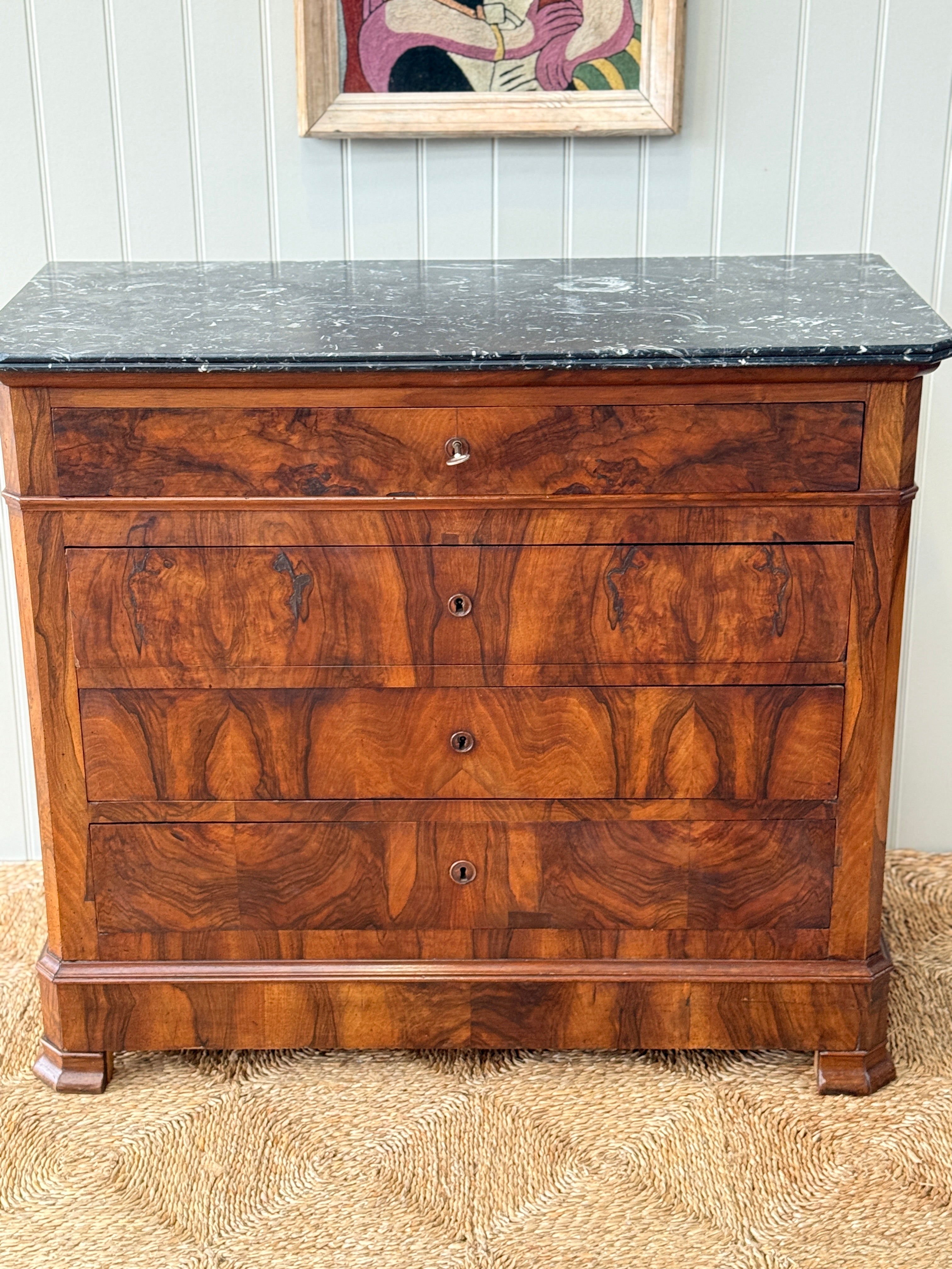 French Walnut Commode with Dappled Grey Marble Top
