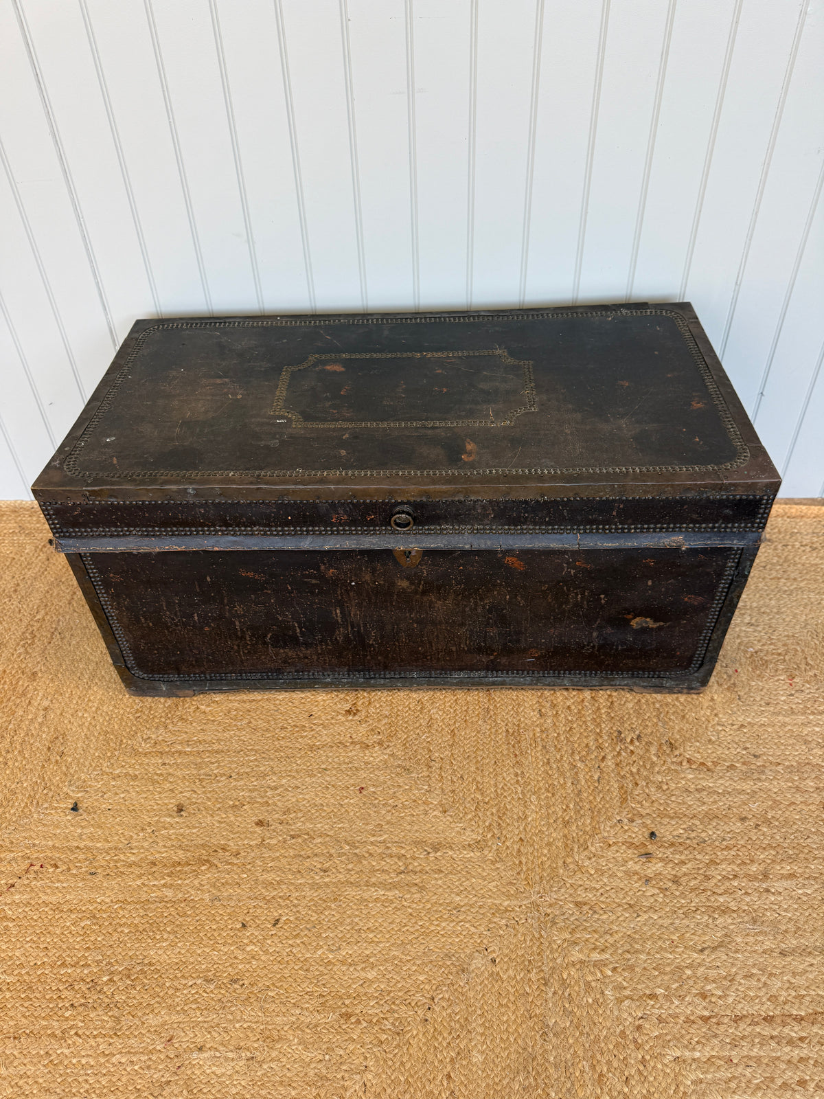 Antique Leather and Brass Studded Camphor Wood Trunk