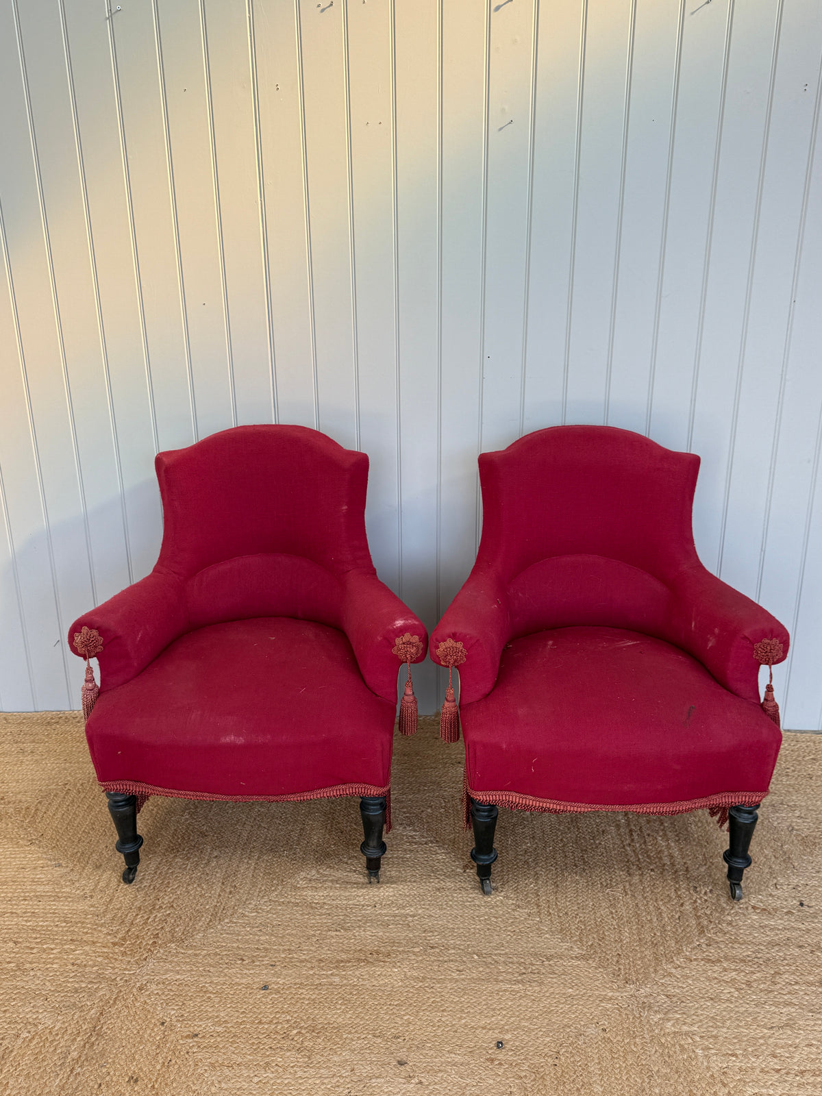Pair of Red Baise Chapeau de Gendarmes Armchairs