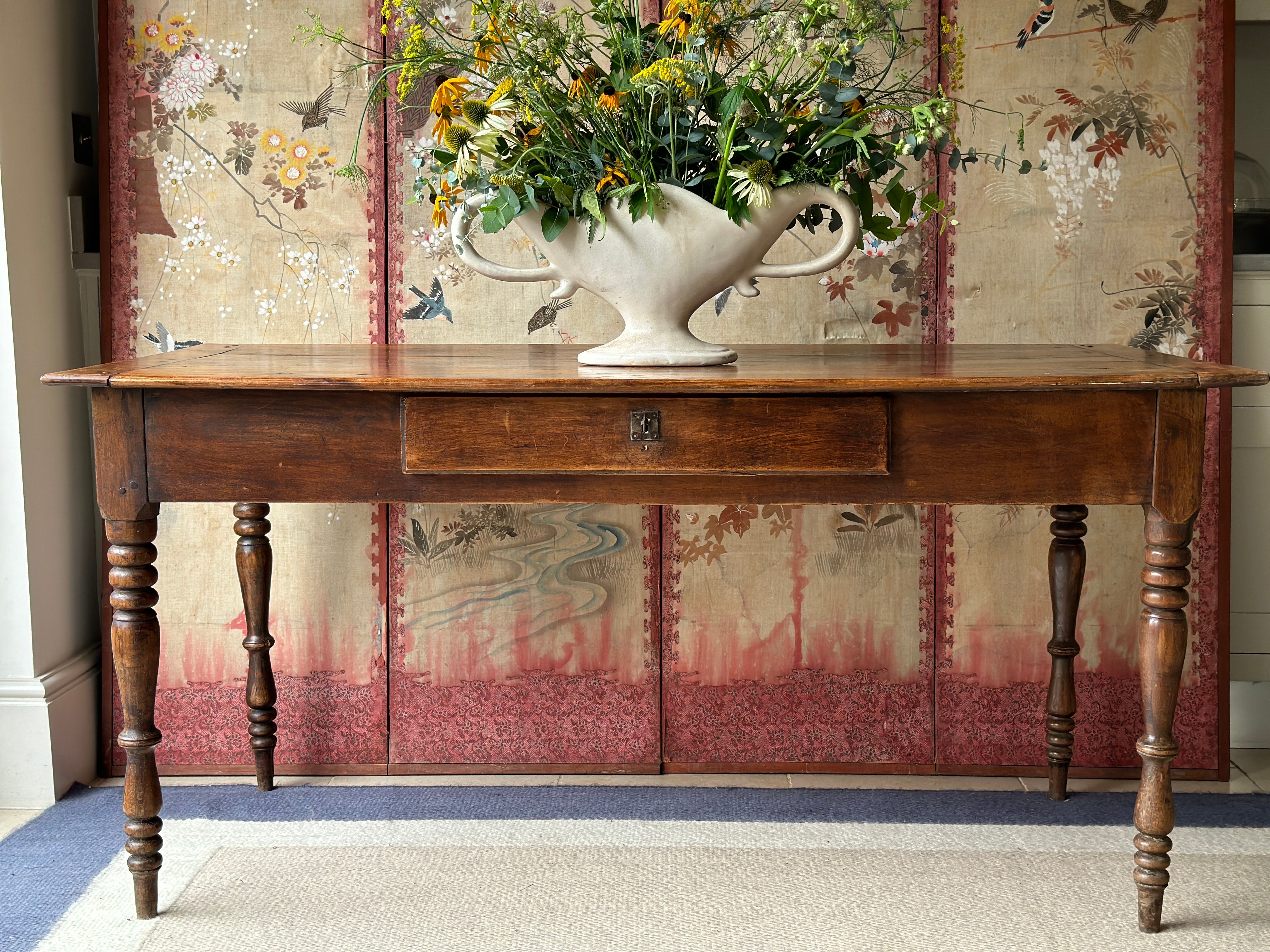 French Antique Pine Dining Table with drawer