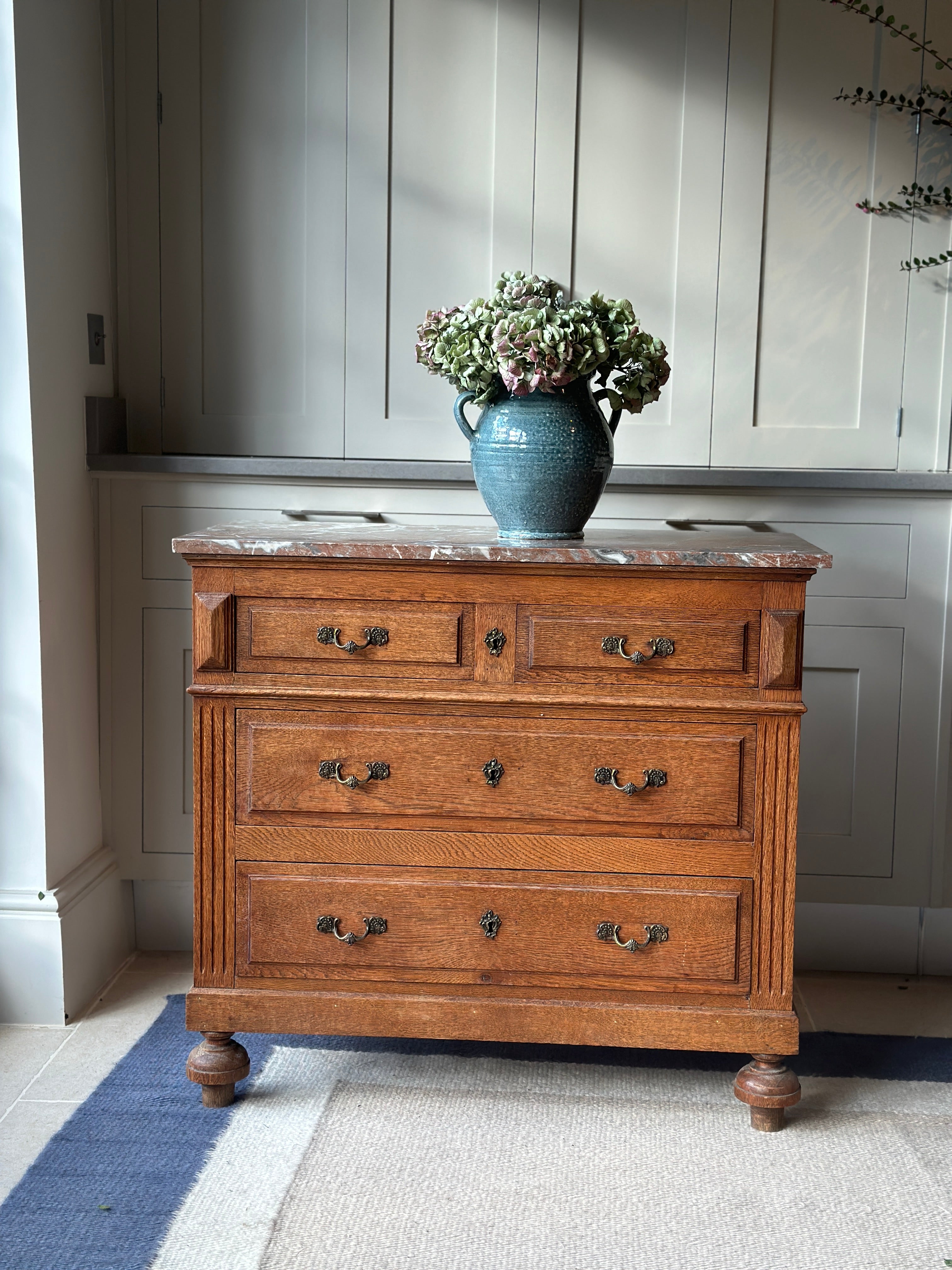 Small Early 20th Century Oak Commode with Polychrome Marble Top