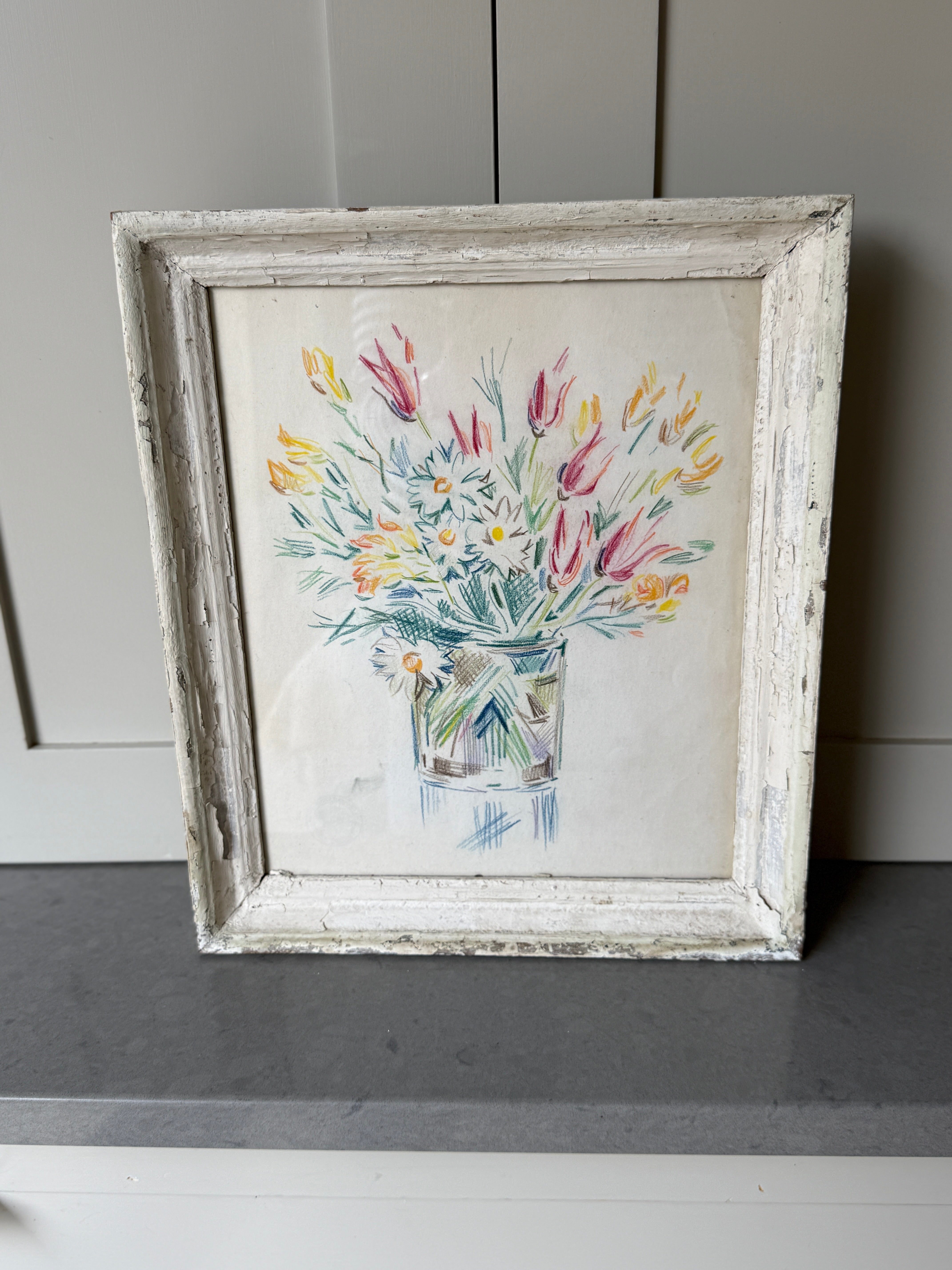 French Mid Century Frame Pencil Drawing