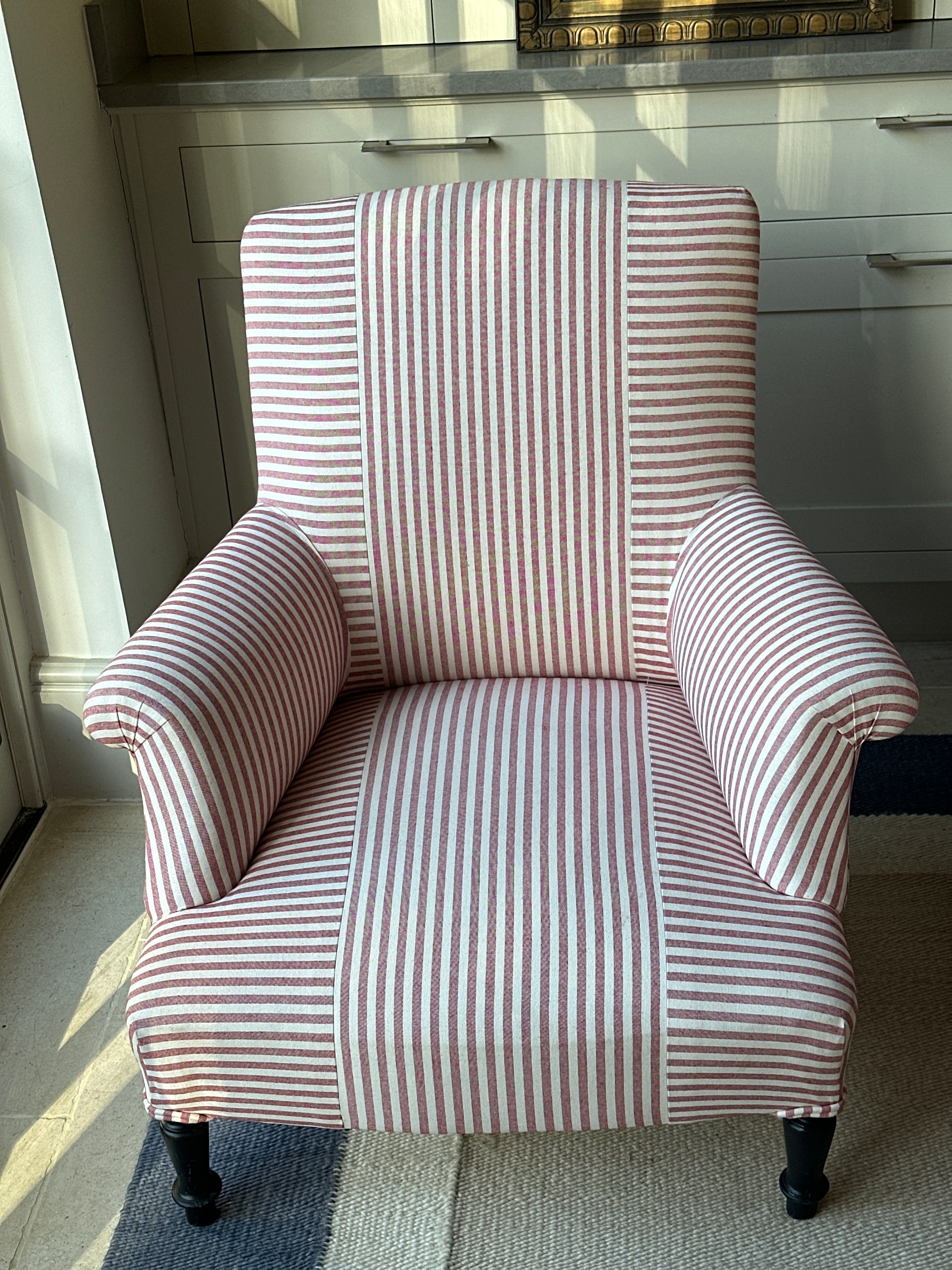 Pair of Napoleon III Squareback chairs in Red ticking Criss Cross