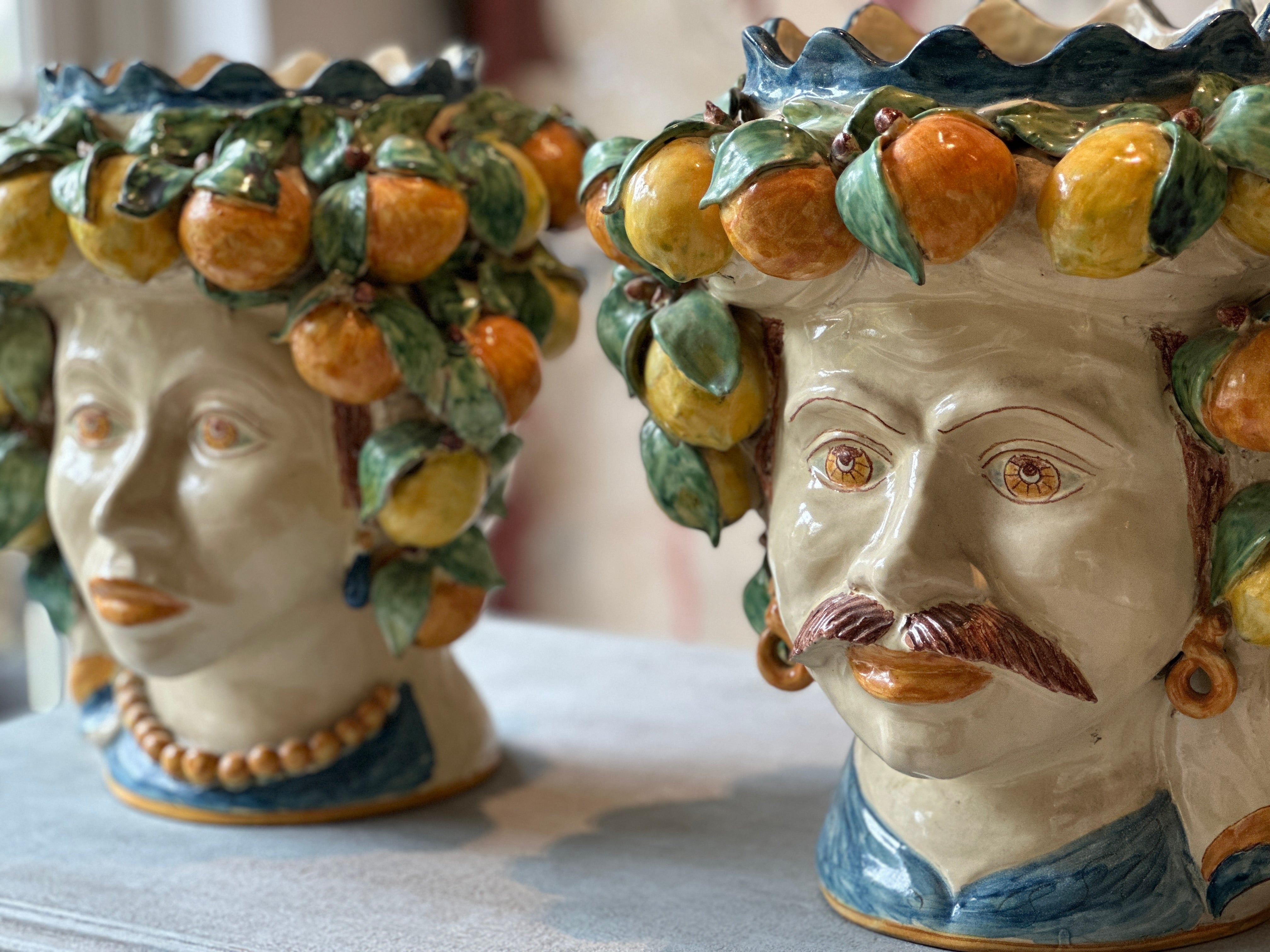 Large Pair of Vintage Sicilian Moor Heads with lemon and orange headdress.