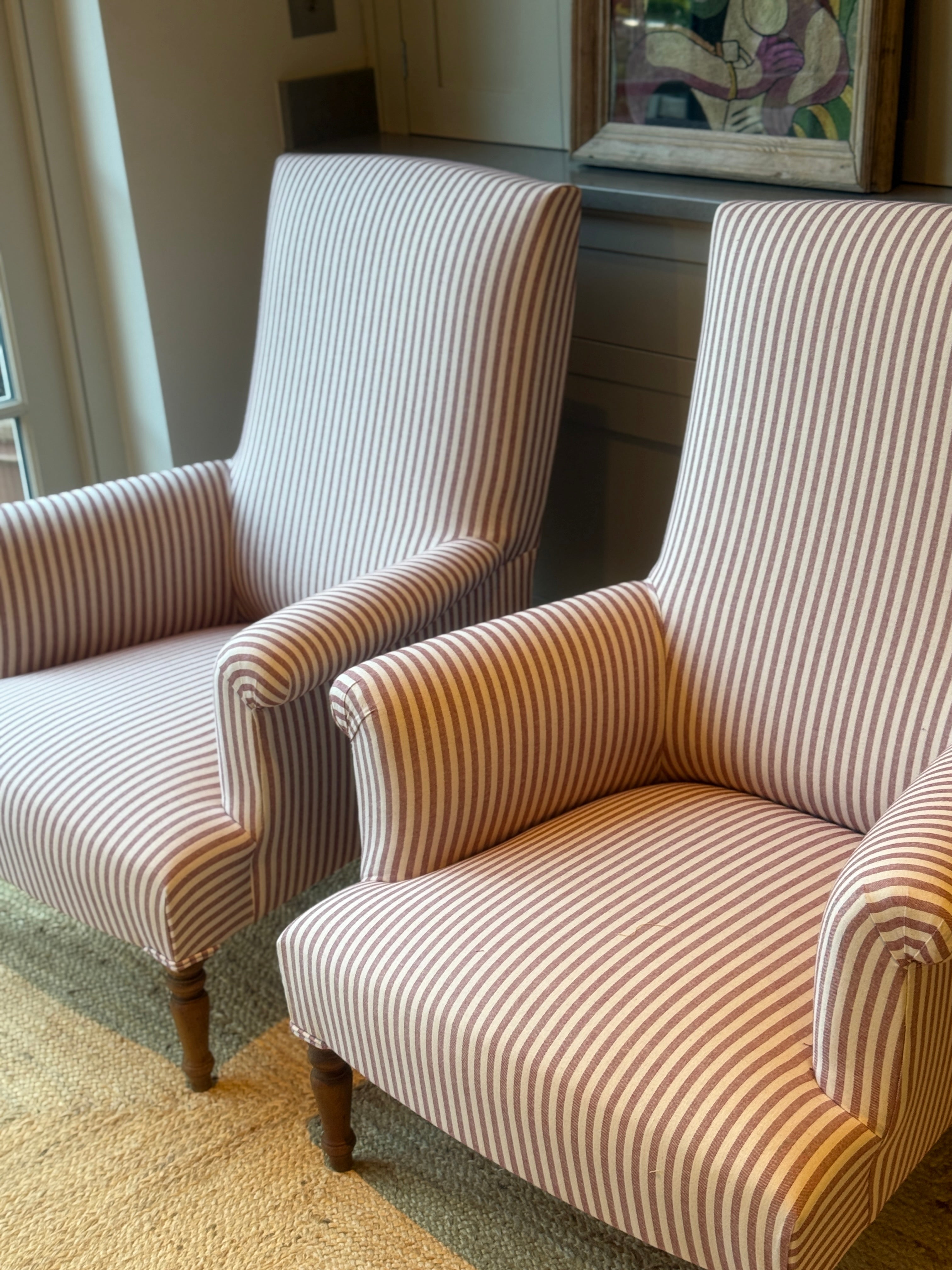 Large Pair of French Armchairs in red and white ticking