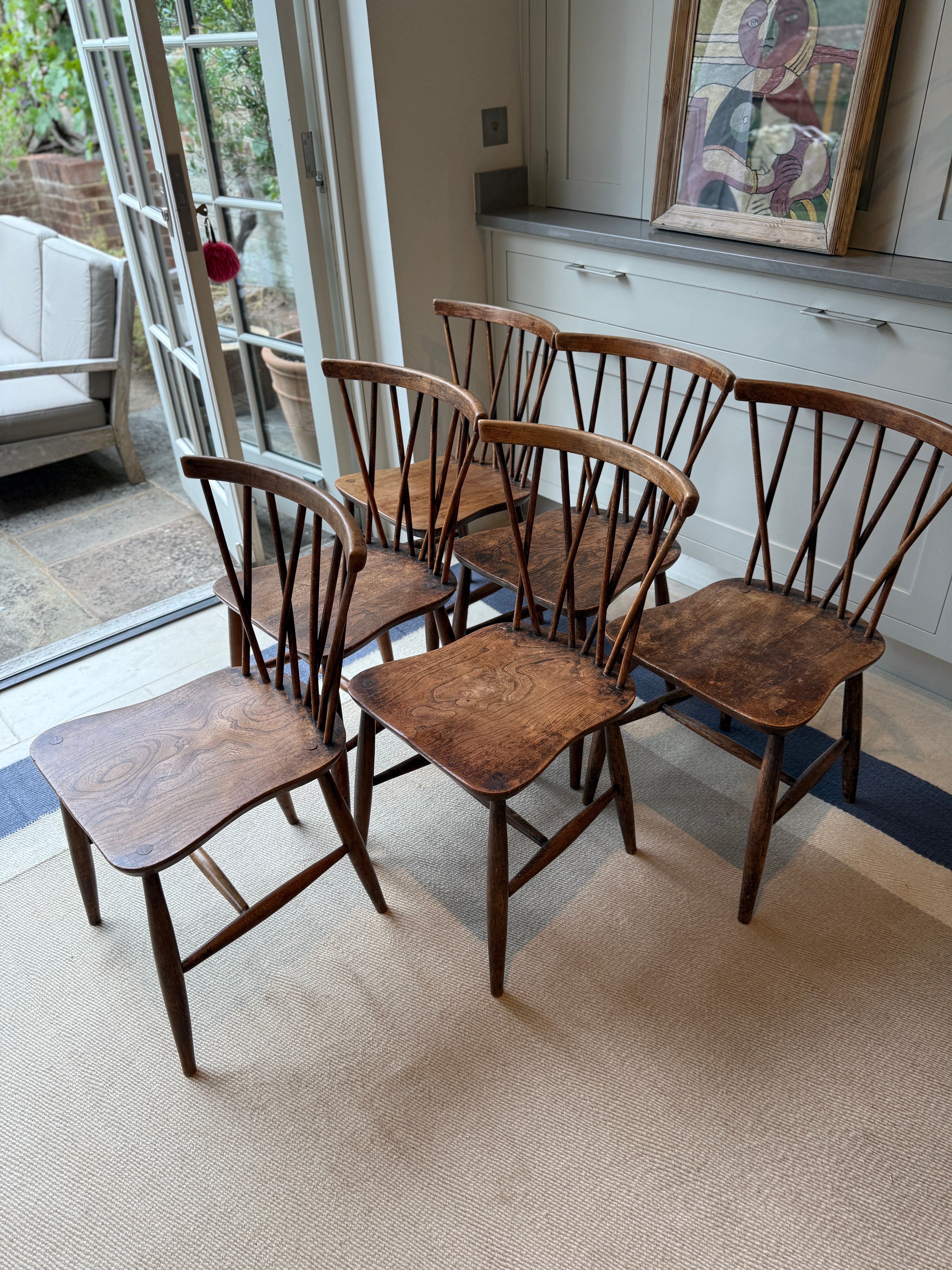 Set of Six Oak Chairs with Criss Cross Backs