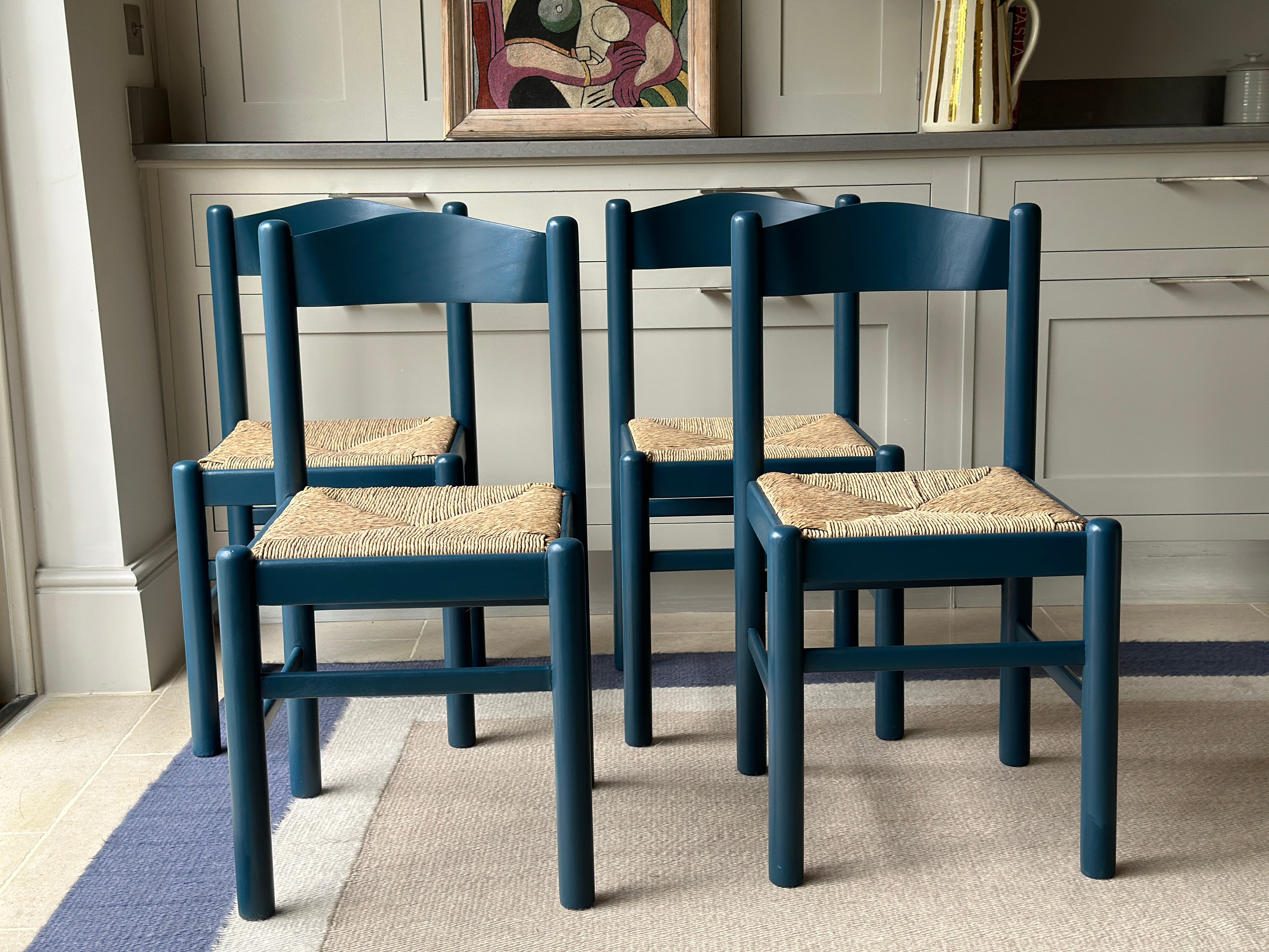 Set of 4 Beech and Rush Seat Chairs