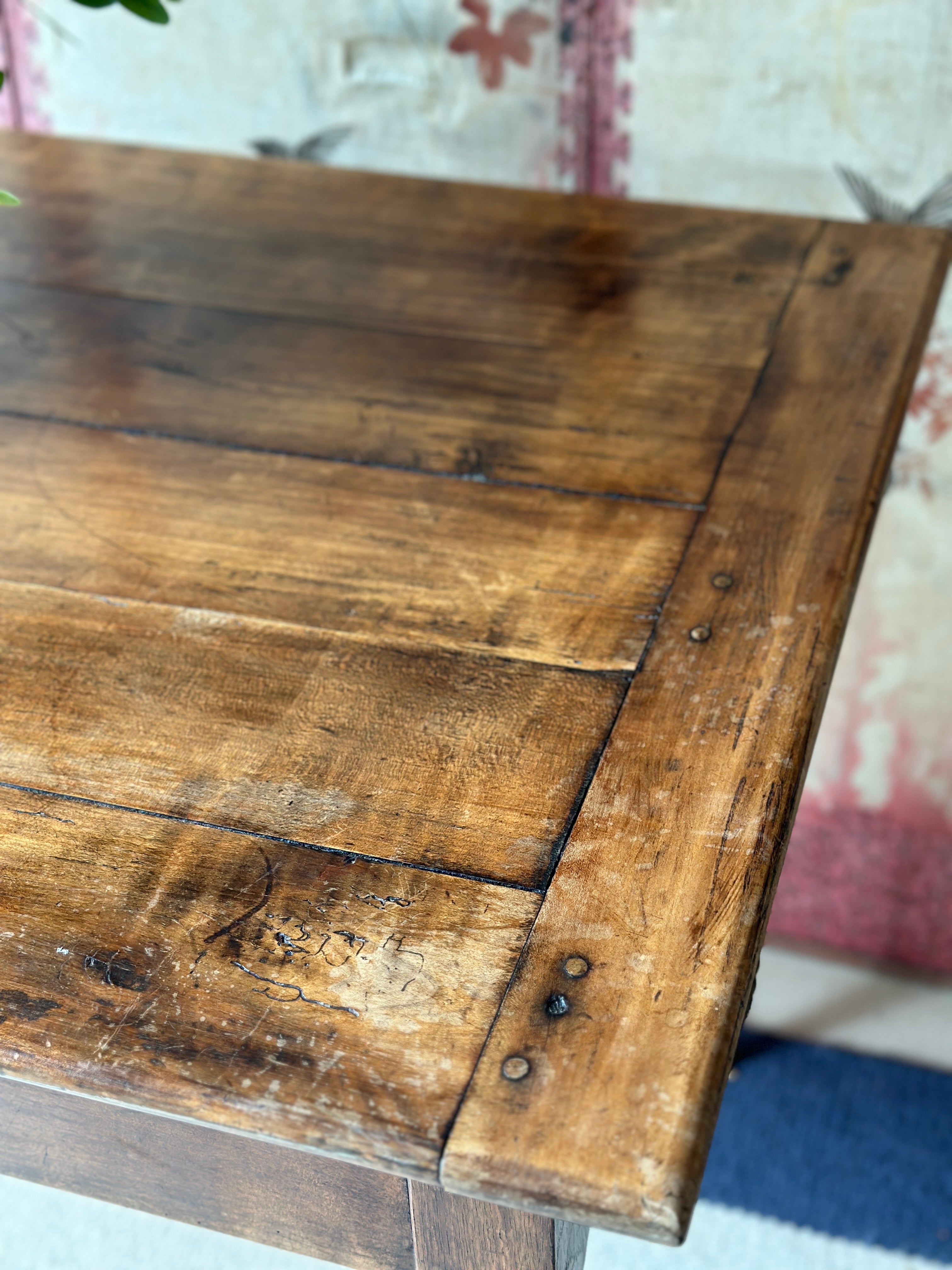 French Antique Pine Dining Table with drawer