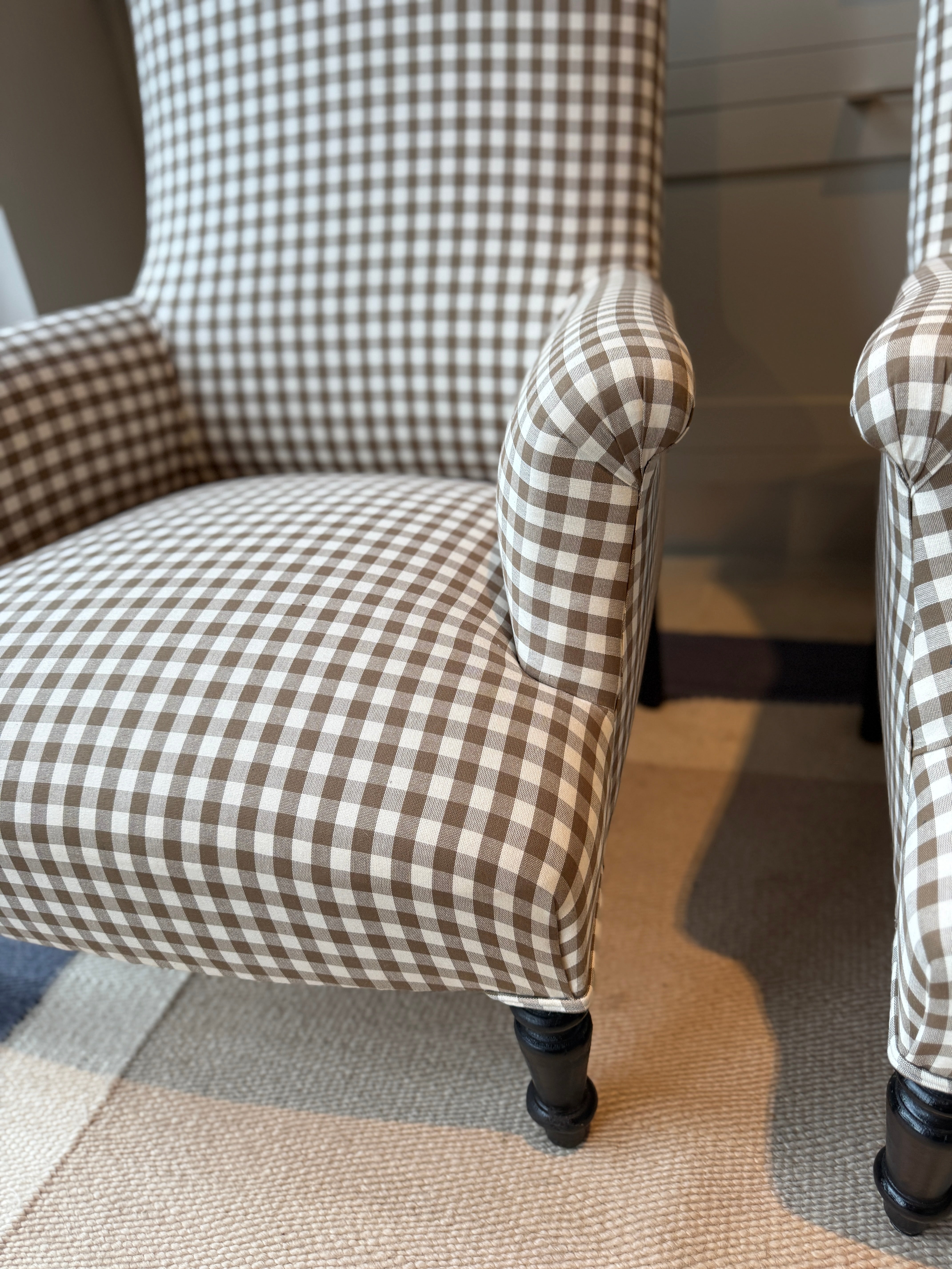 Pair of French Squareback Chairs in Brown Gingham