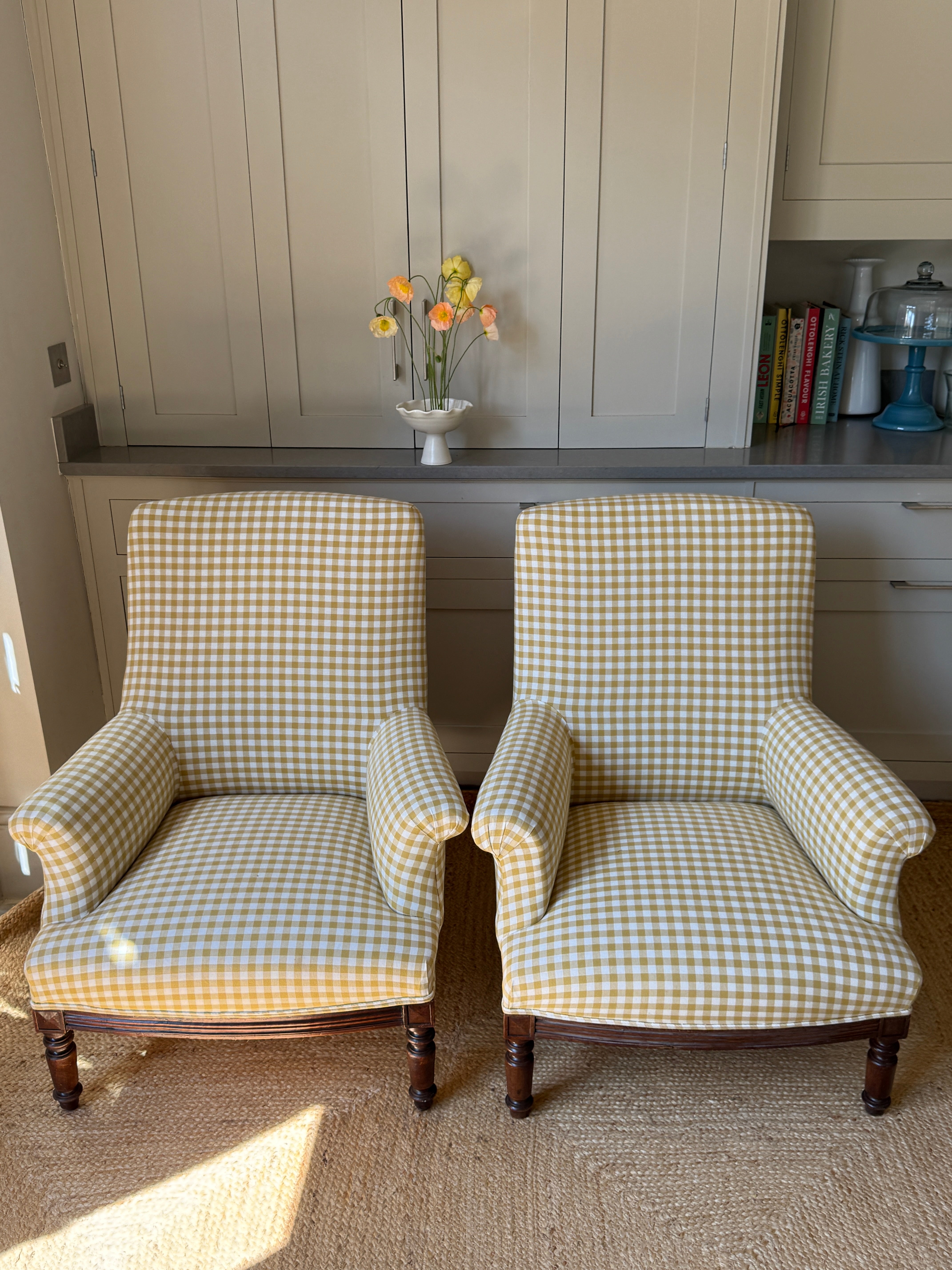 A Pair of Napoleon III Armchairs, Reupholstered in Yellow Gingham