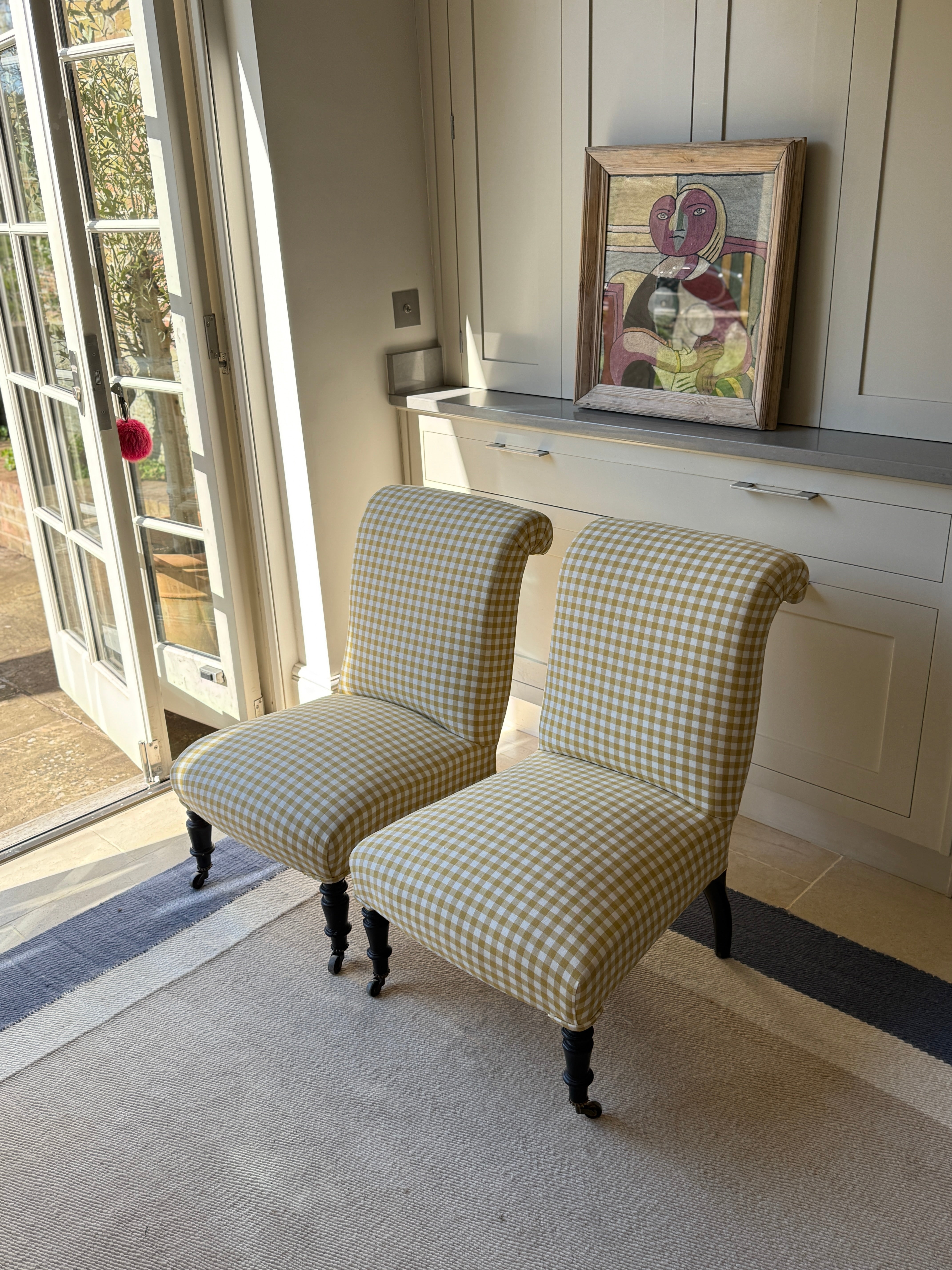 Pair of French Slipper Chairs in Yellow Gingham