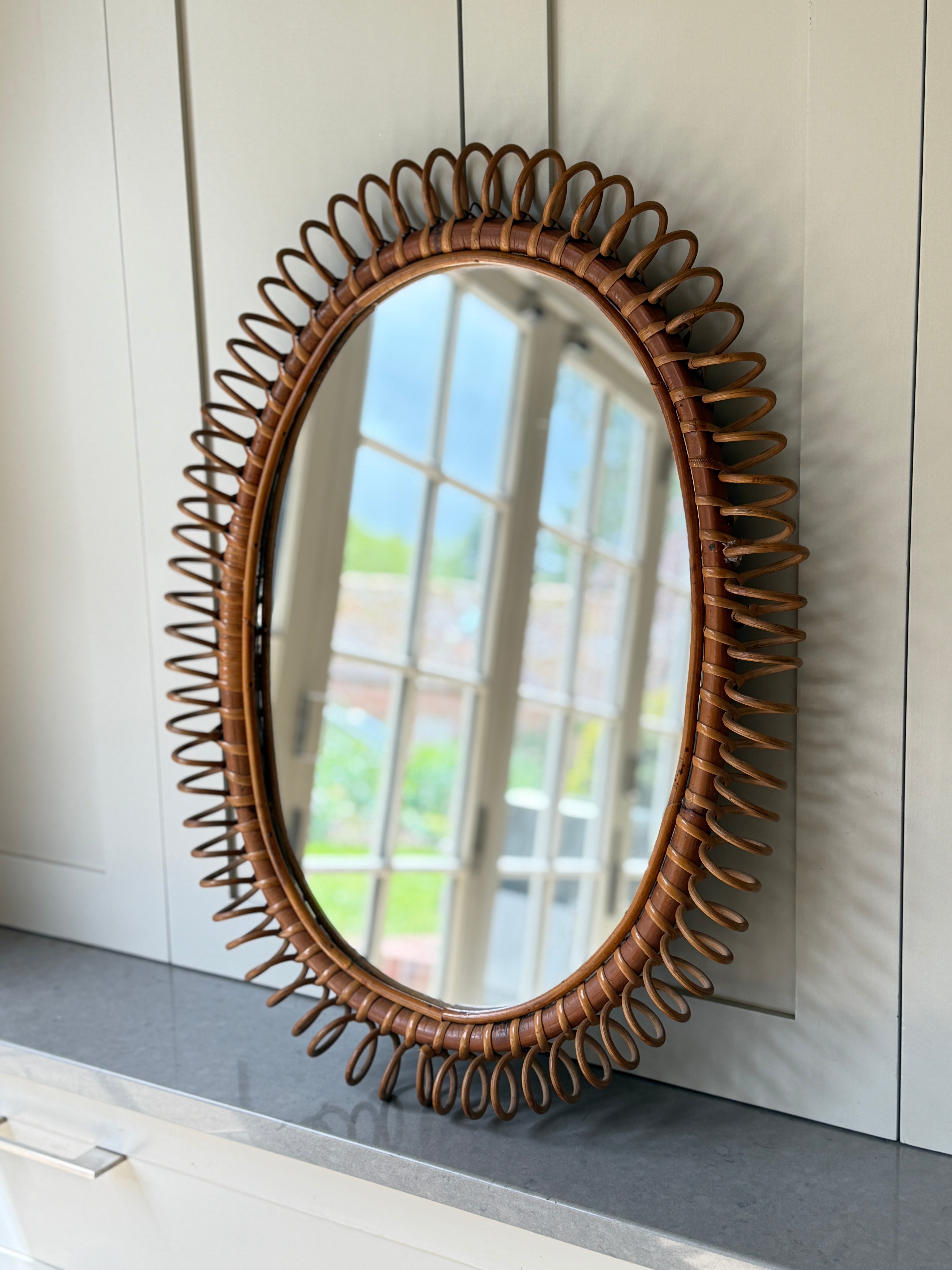 Oval Rattan Cane Spiral Mirror- Italy 1960