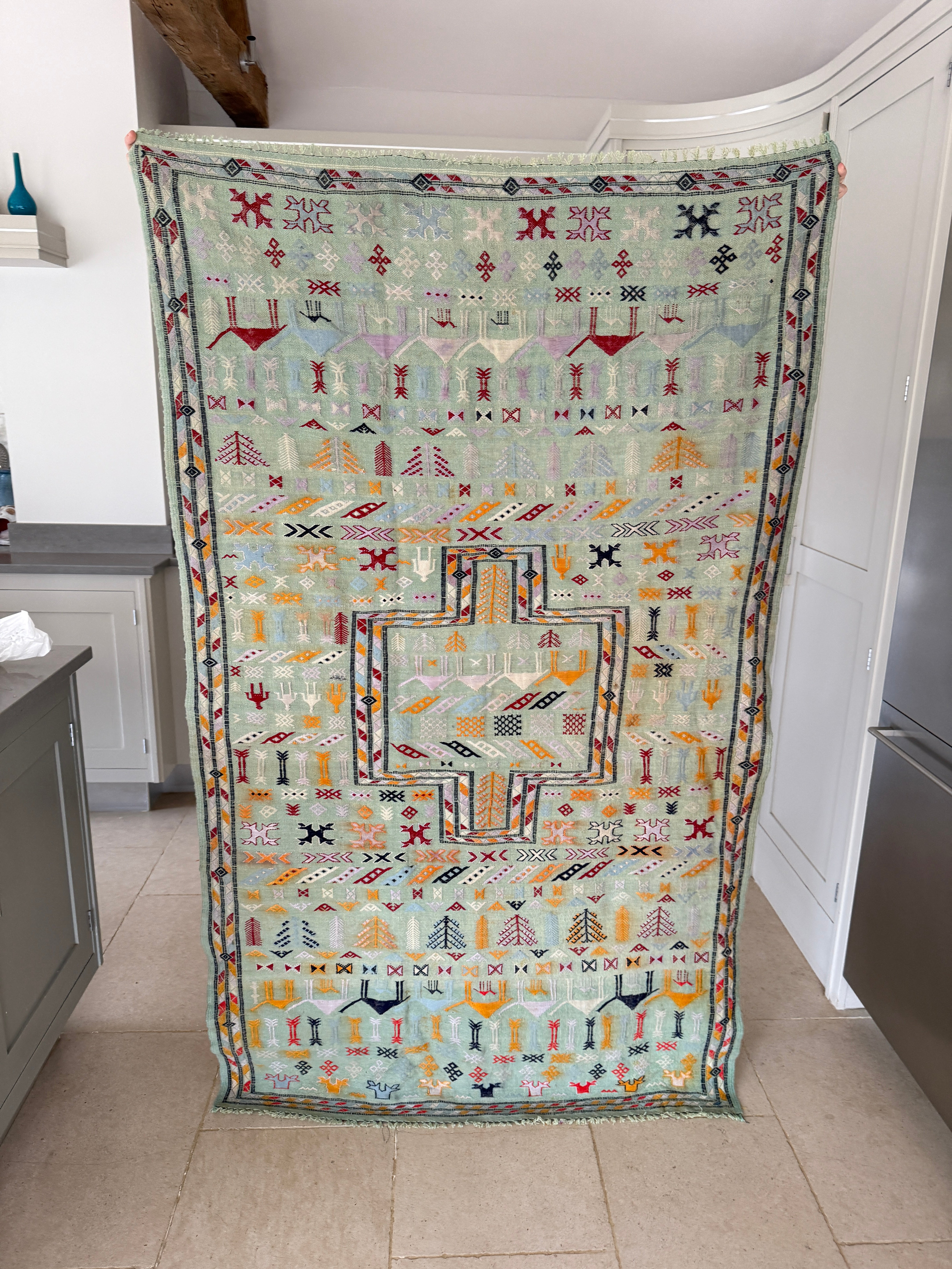 Vintage Pale Blue Moroccan Kilim with polychrome motifs