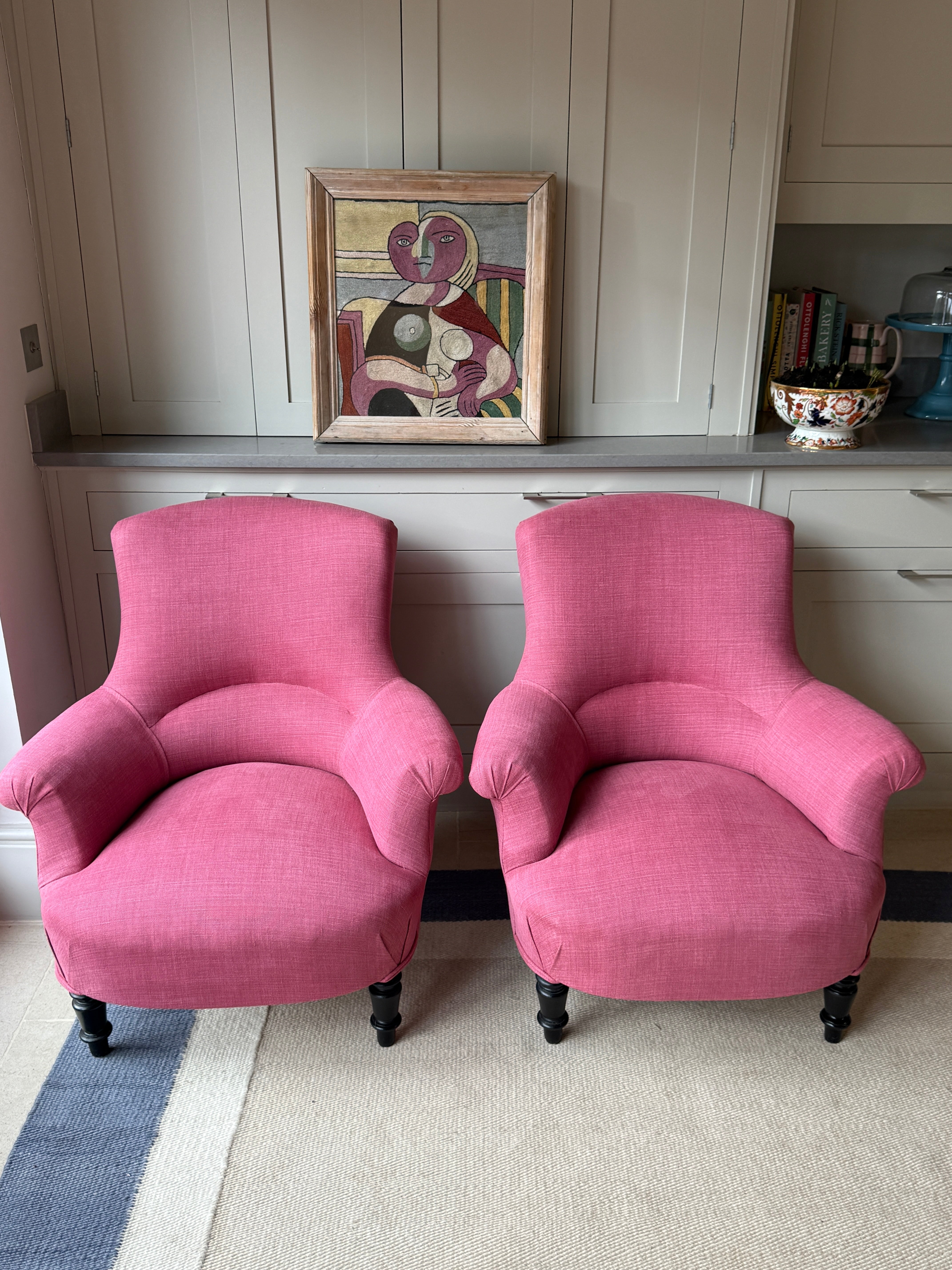 Pair of French Crapaud Tub Chairs in Pink linen