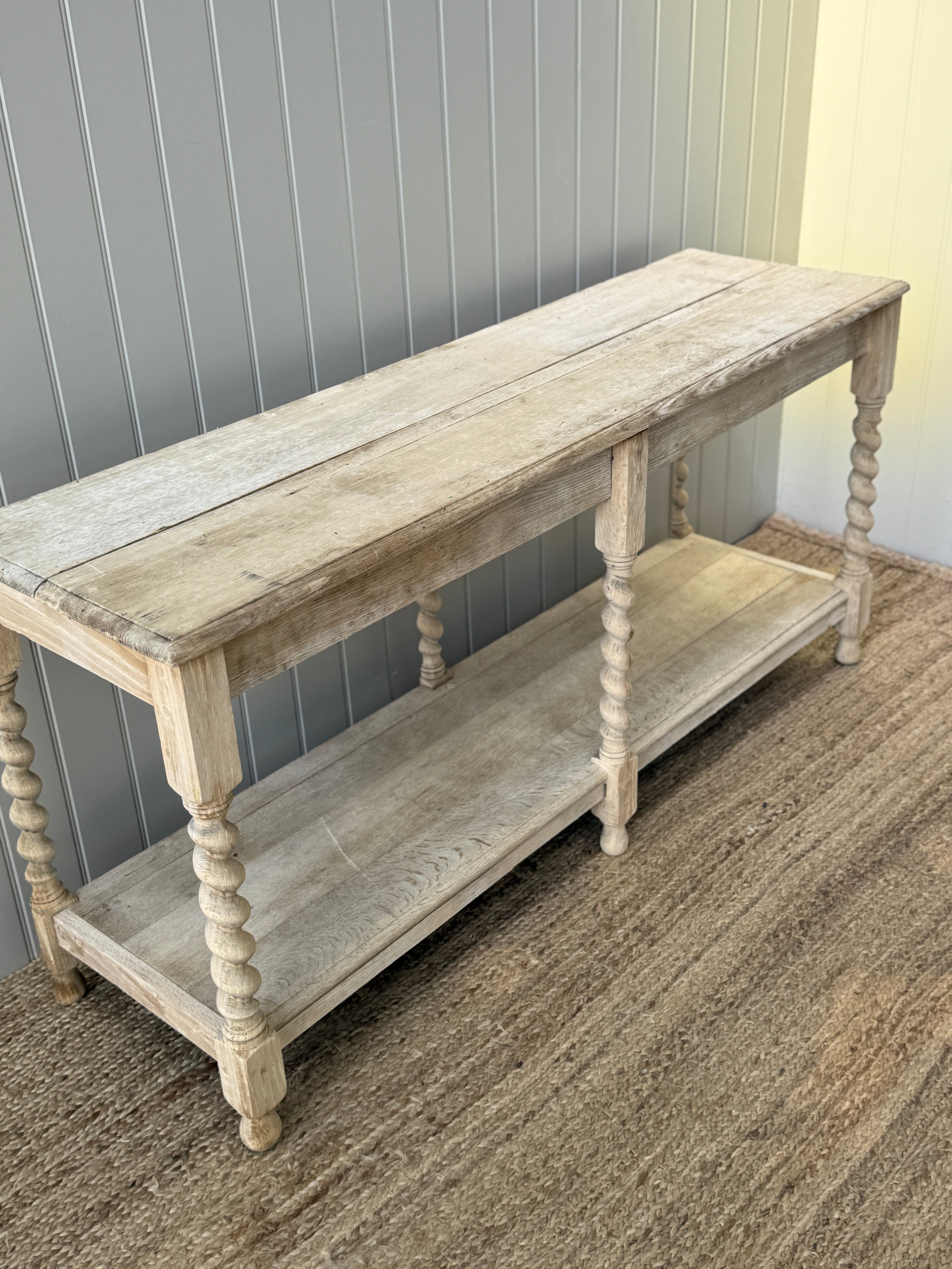 French Bleached Oak Two-Tier Console Table with Barley Twist Supports