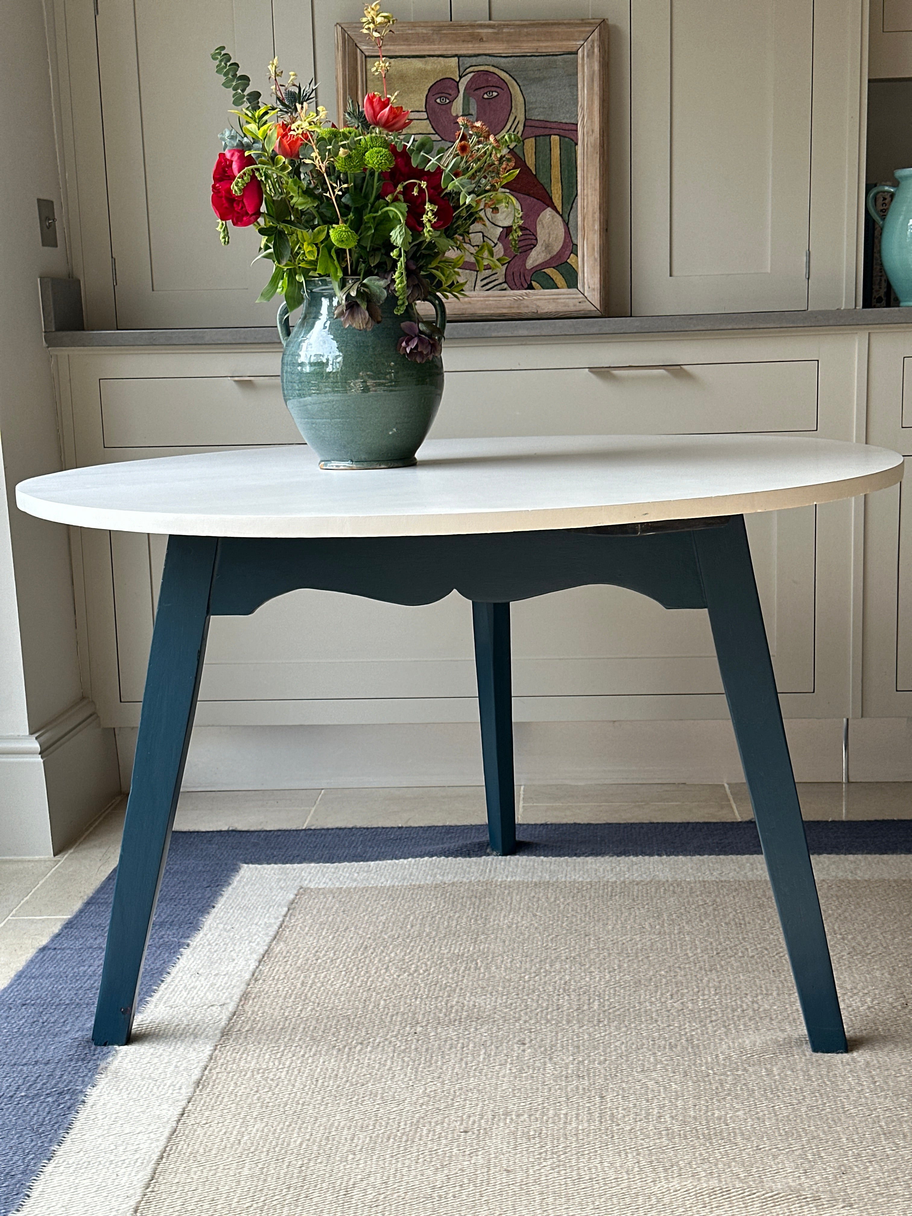 Medium Pine Cricket Centre Table with white Top and Navy blue base