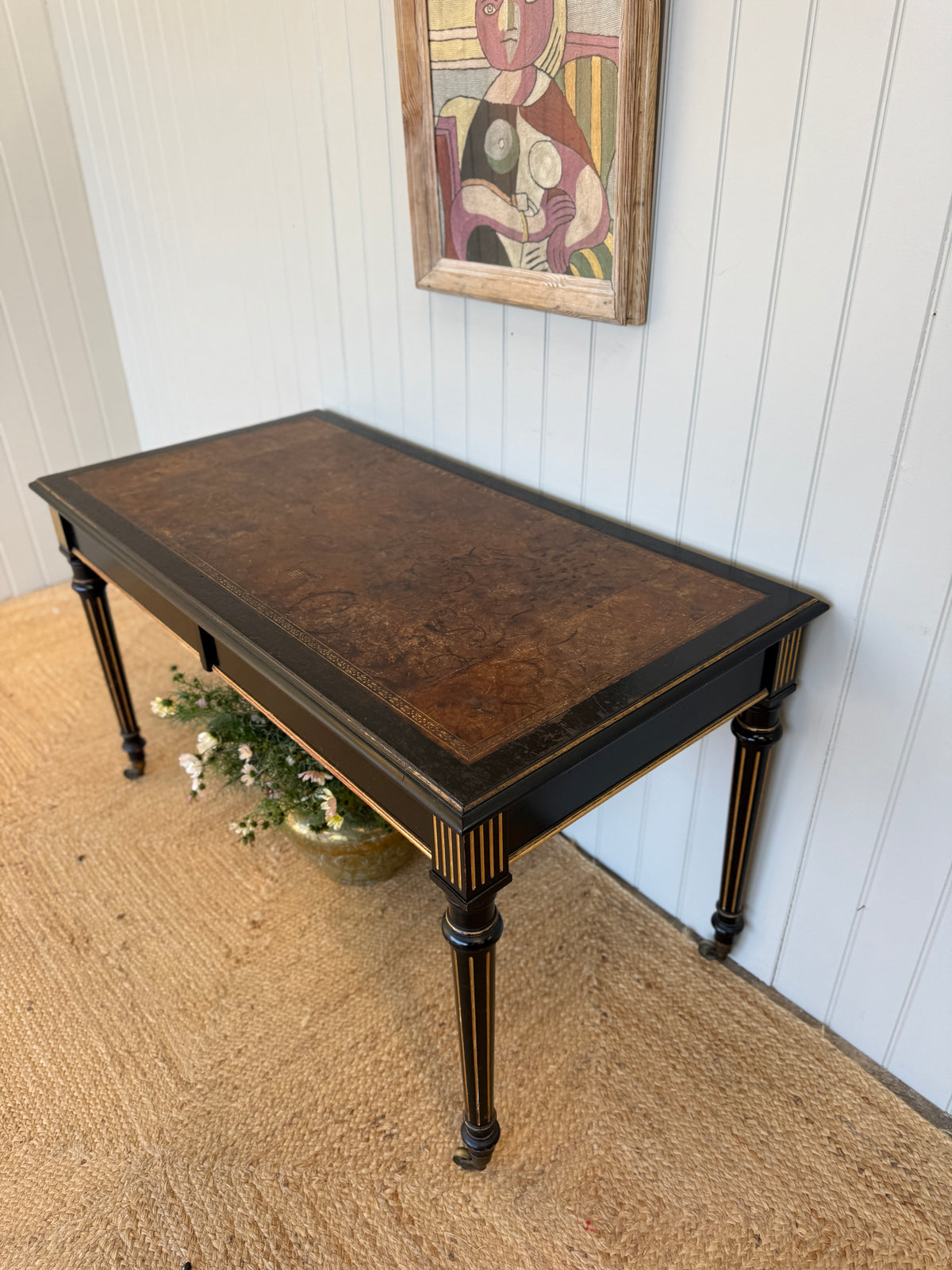 Victorian Aesthetic Movement Ebonised Writing Table with Gilt Detail and Leather Top