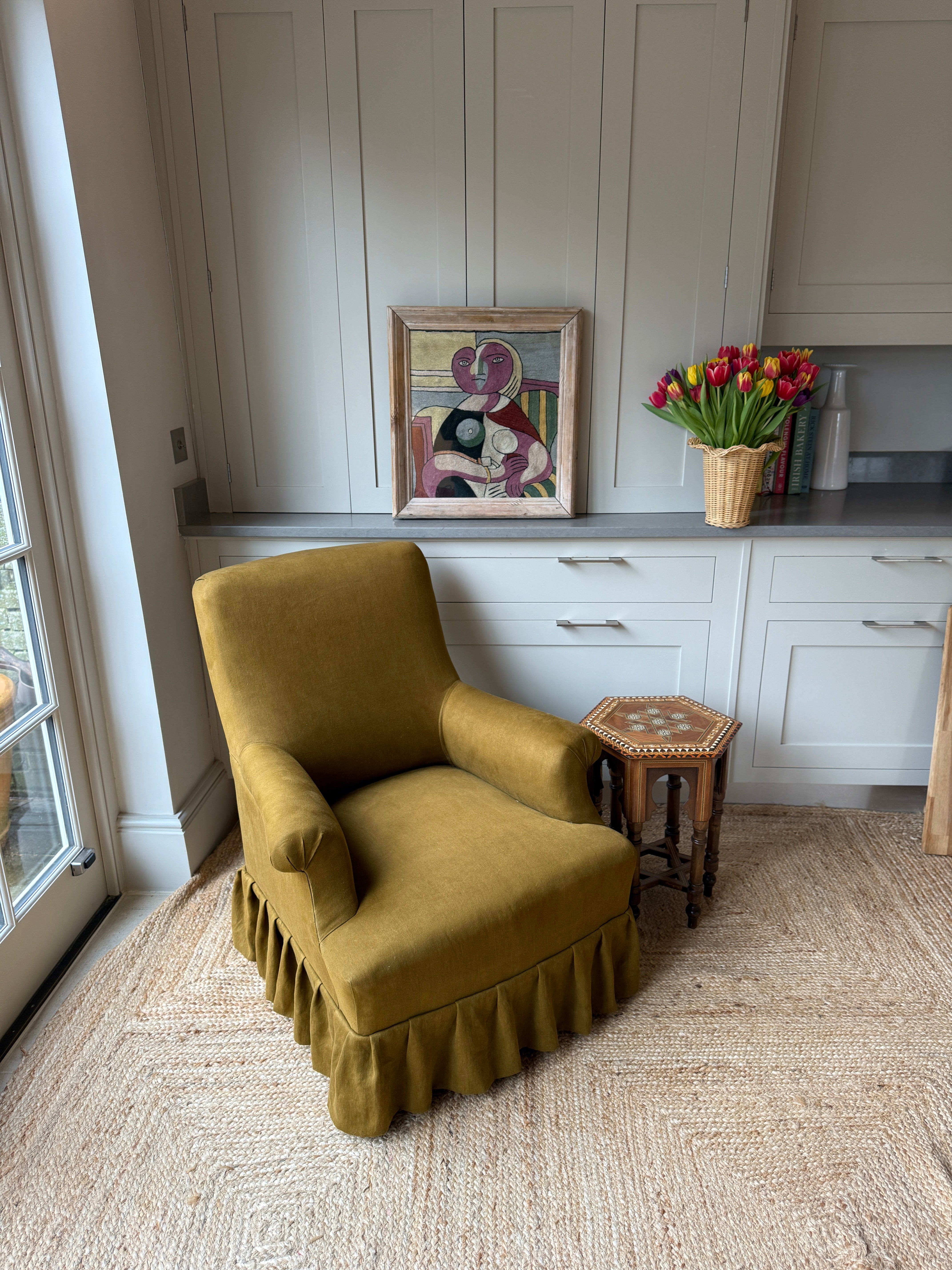 Late 19th Century Armchair in Khaki Green Linen and loose Skirt