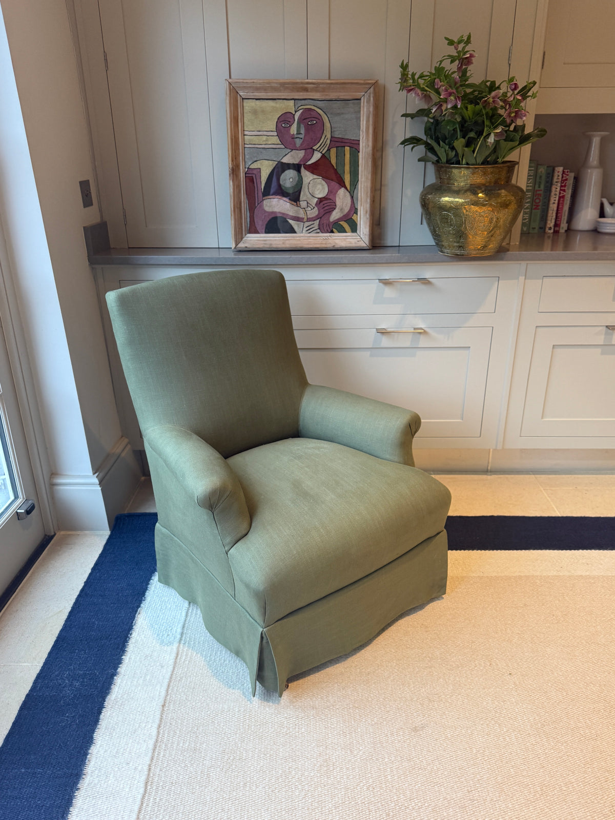 Napoleon III Armchair in Sage Green Linen