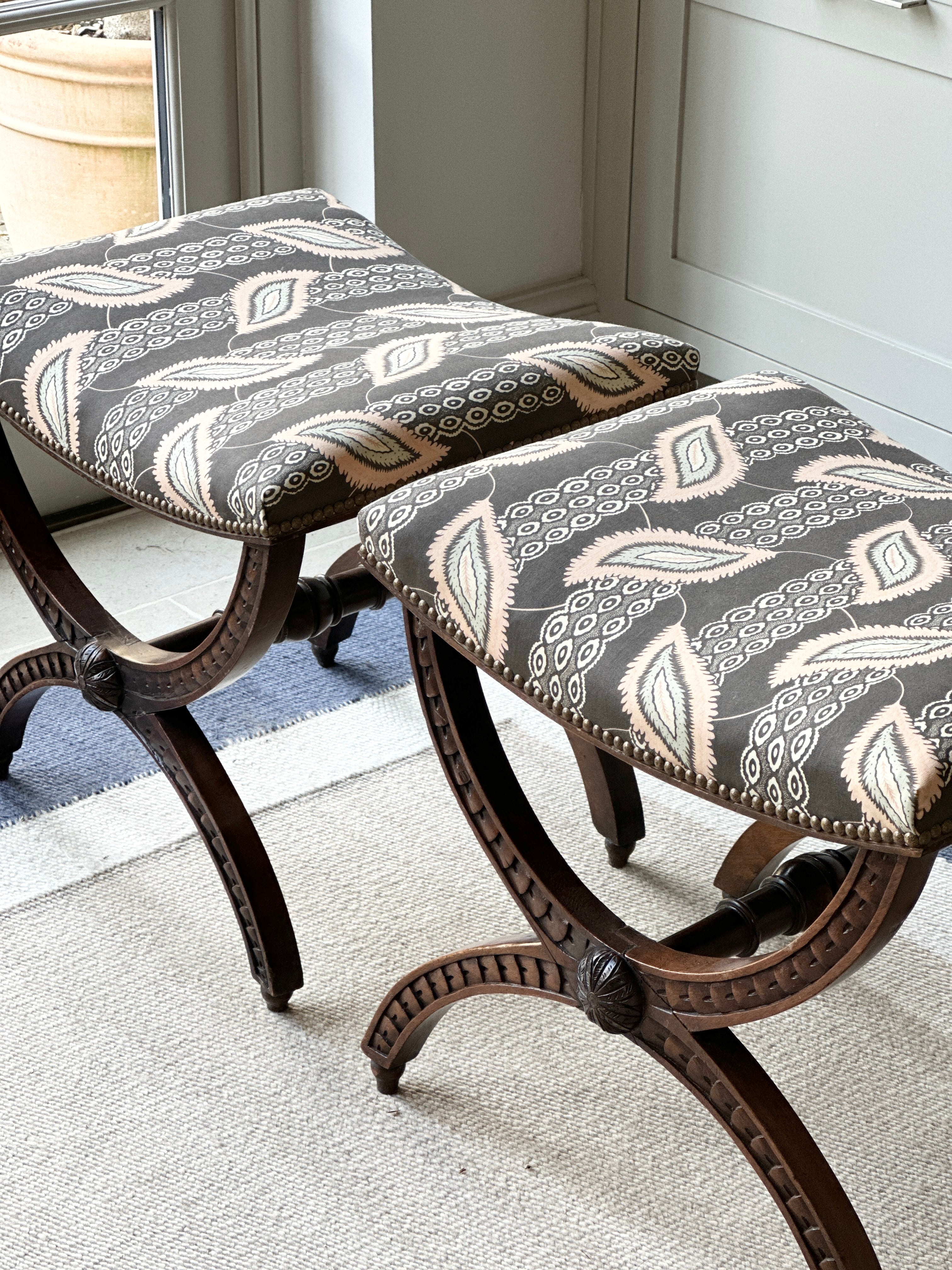 Pair of English X Frame Footstools in John Stefanidis Josephine