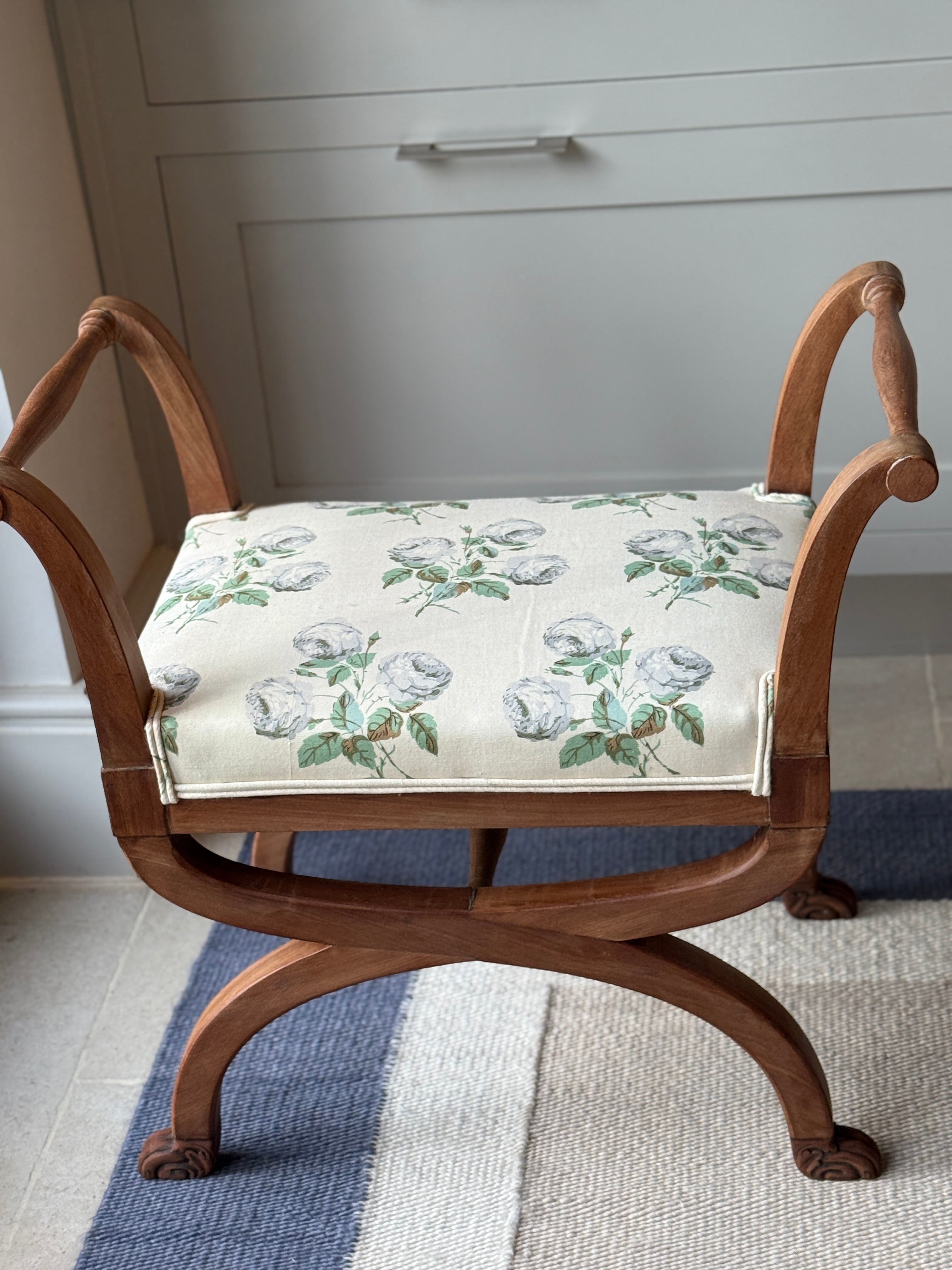 Pair of Bleached Mahogany X Frame Stools Upholstered in Colefax and Fowler Bowood