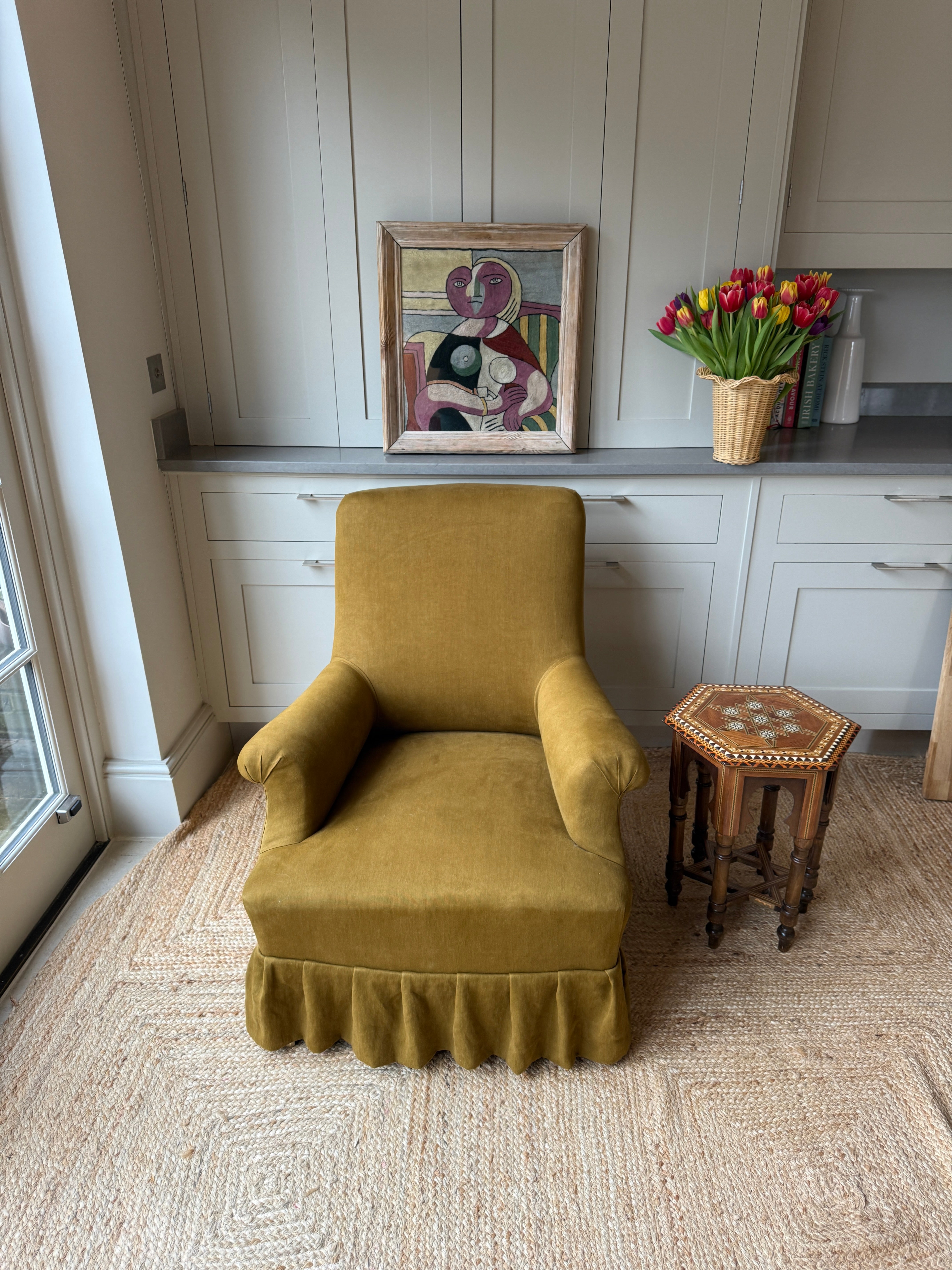 Late 19th Century Armchair in Khaki Green Linen and loose Skirt