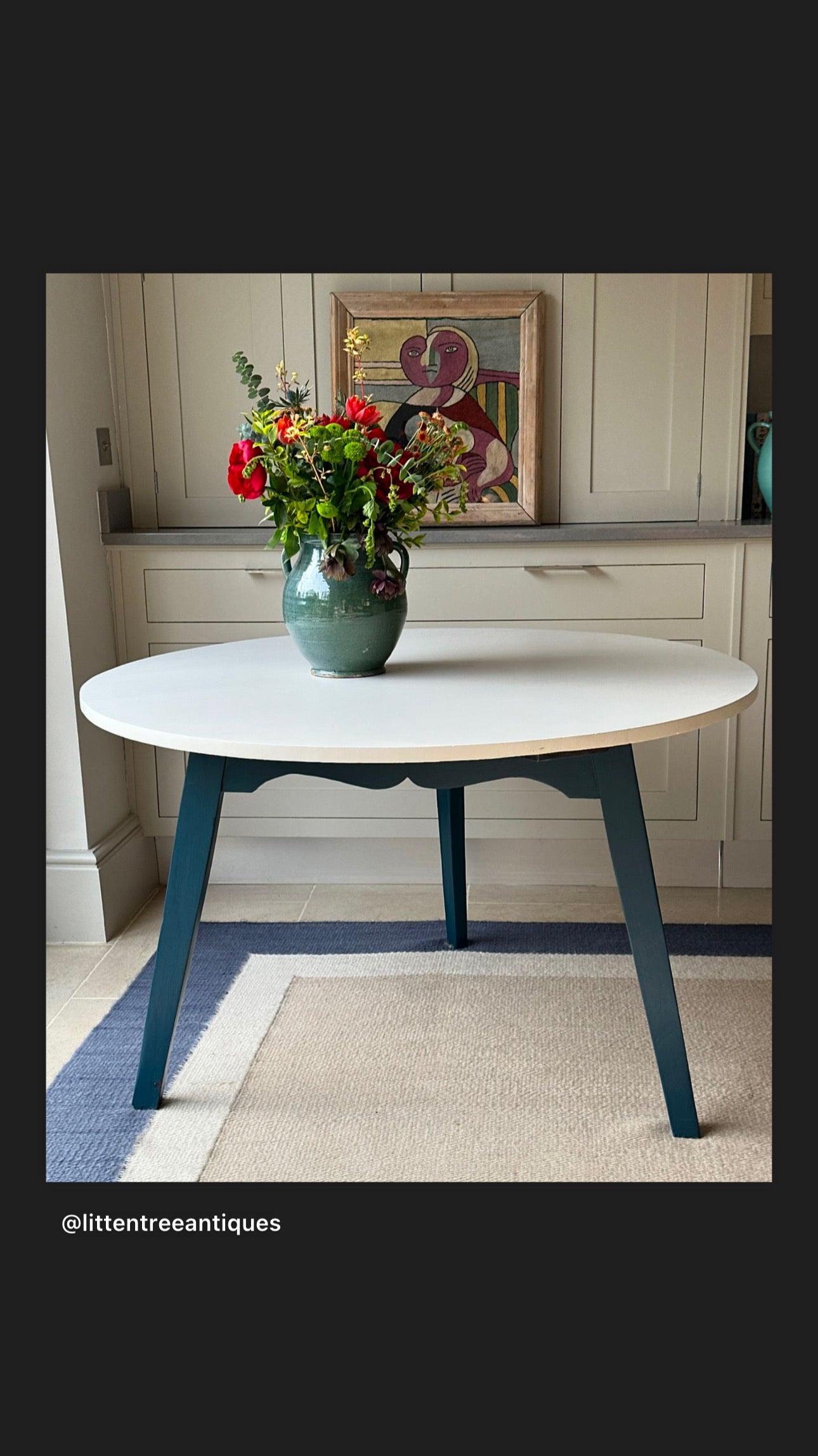 Medium Pine Cricket Centre Table with white Top and Navy blue base