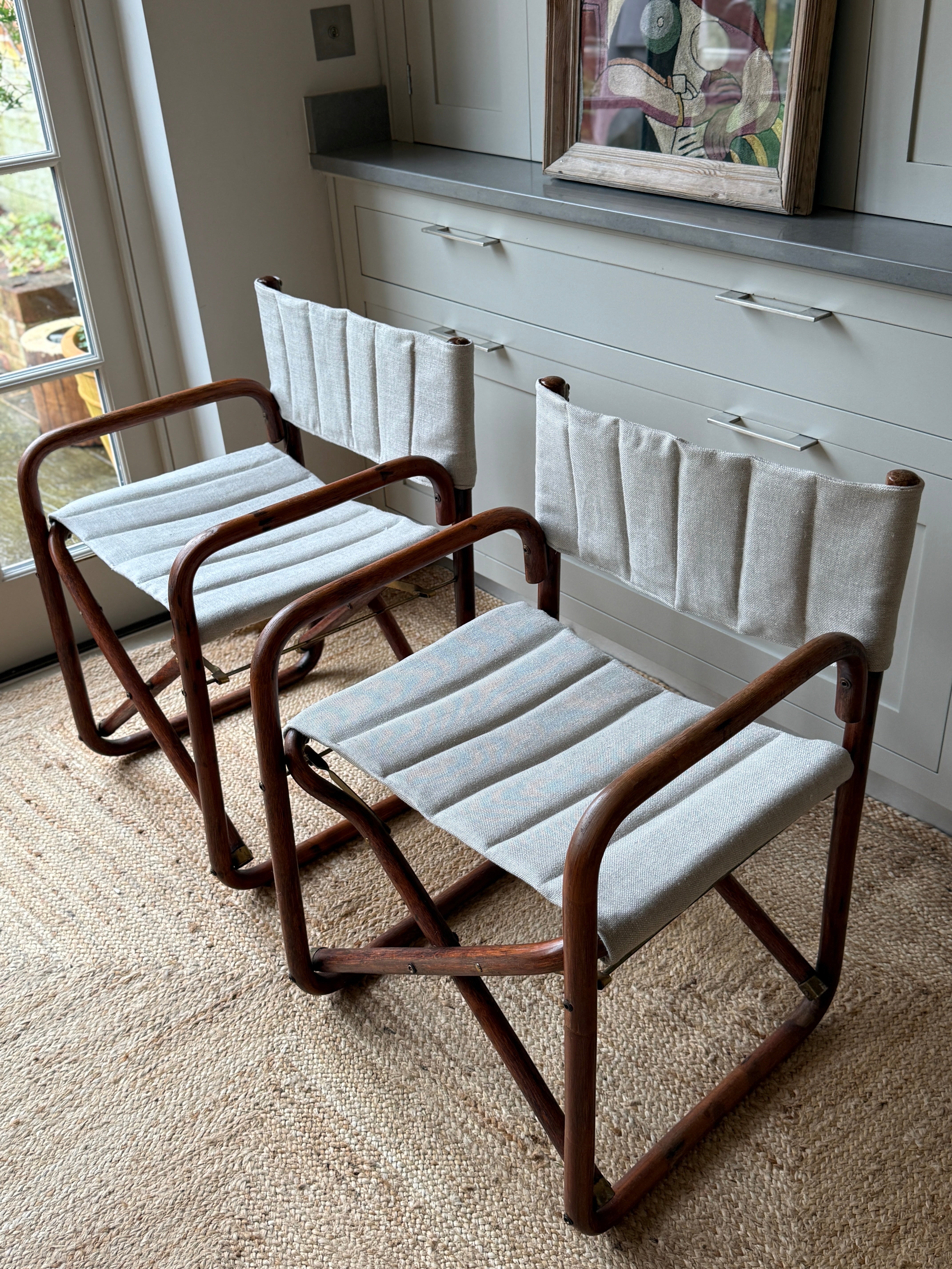 Pair of Italian Rattan and Brass Foldable Campaign Chairs