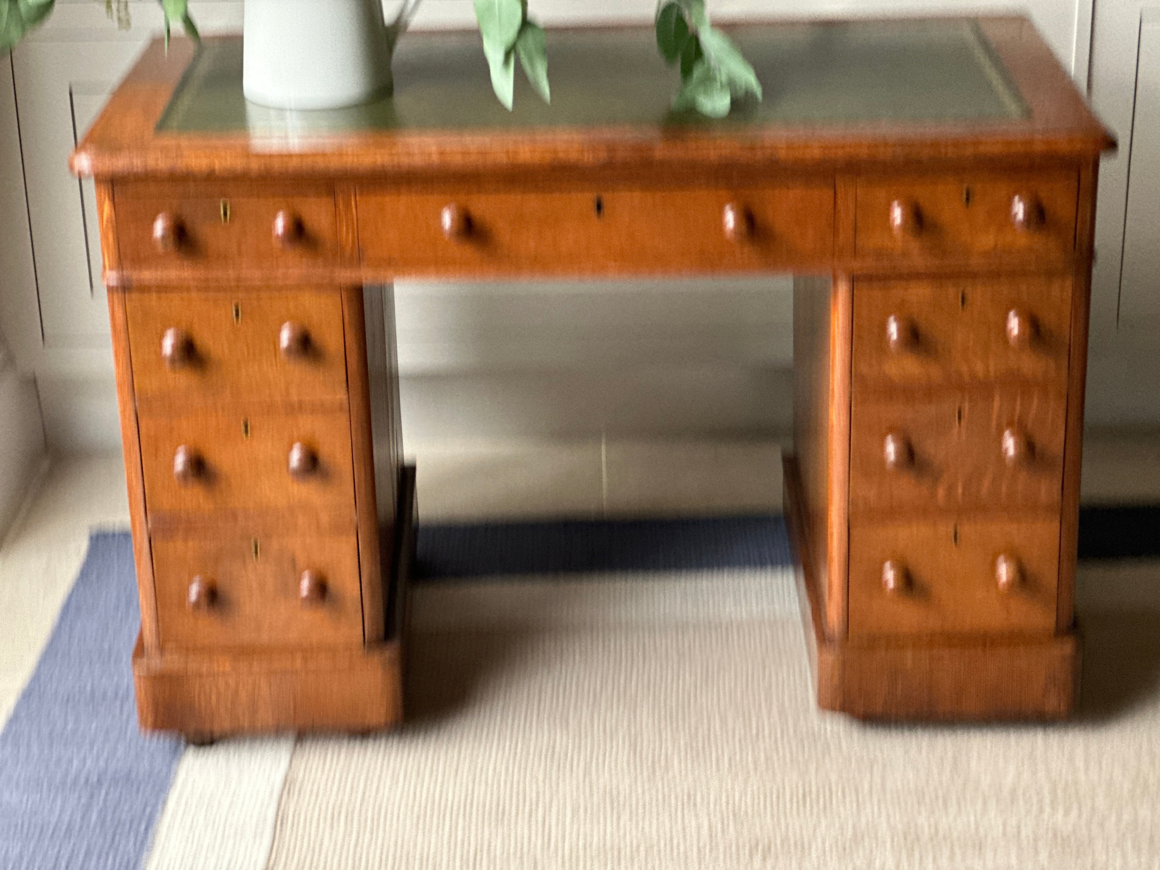 Charming Small Oak Desk with Green Leather Top