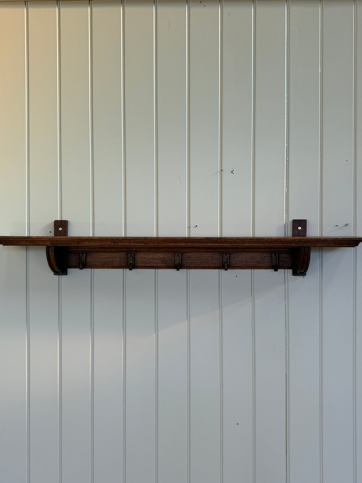 Antique Oak Coat Rack with Shelf and Brass Hooks