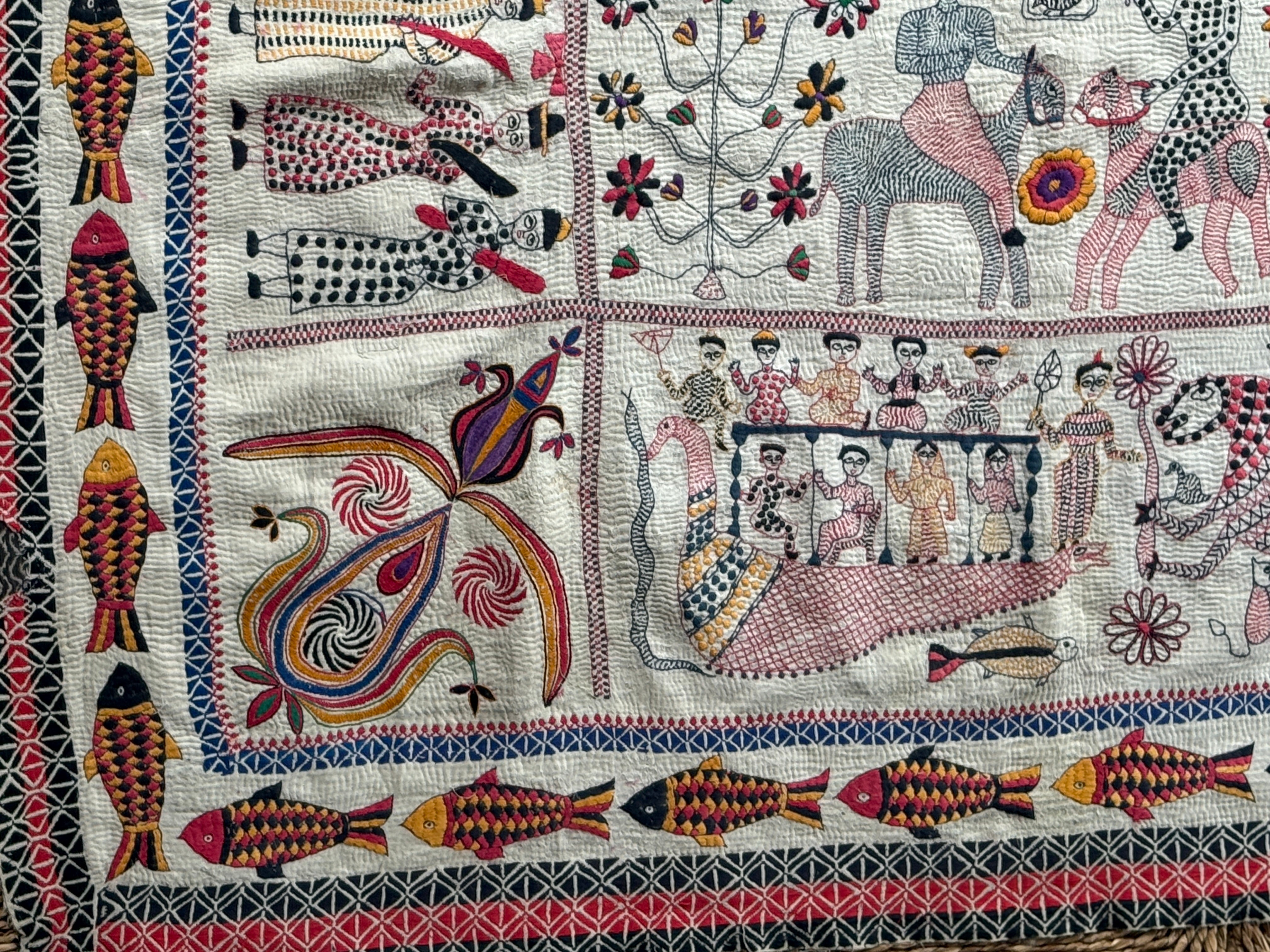 Rare Bengali Nakshi Kantha with Fish Border c late 19th Century