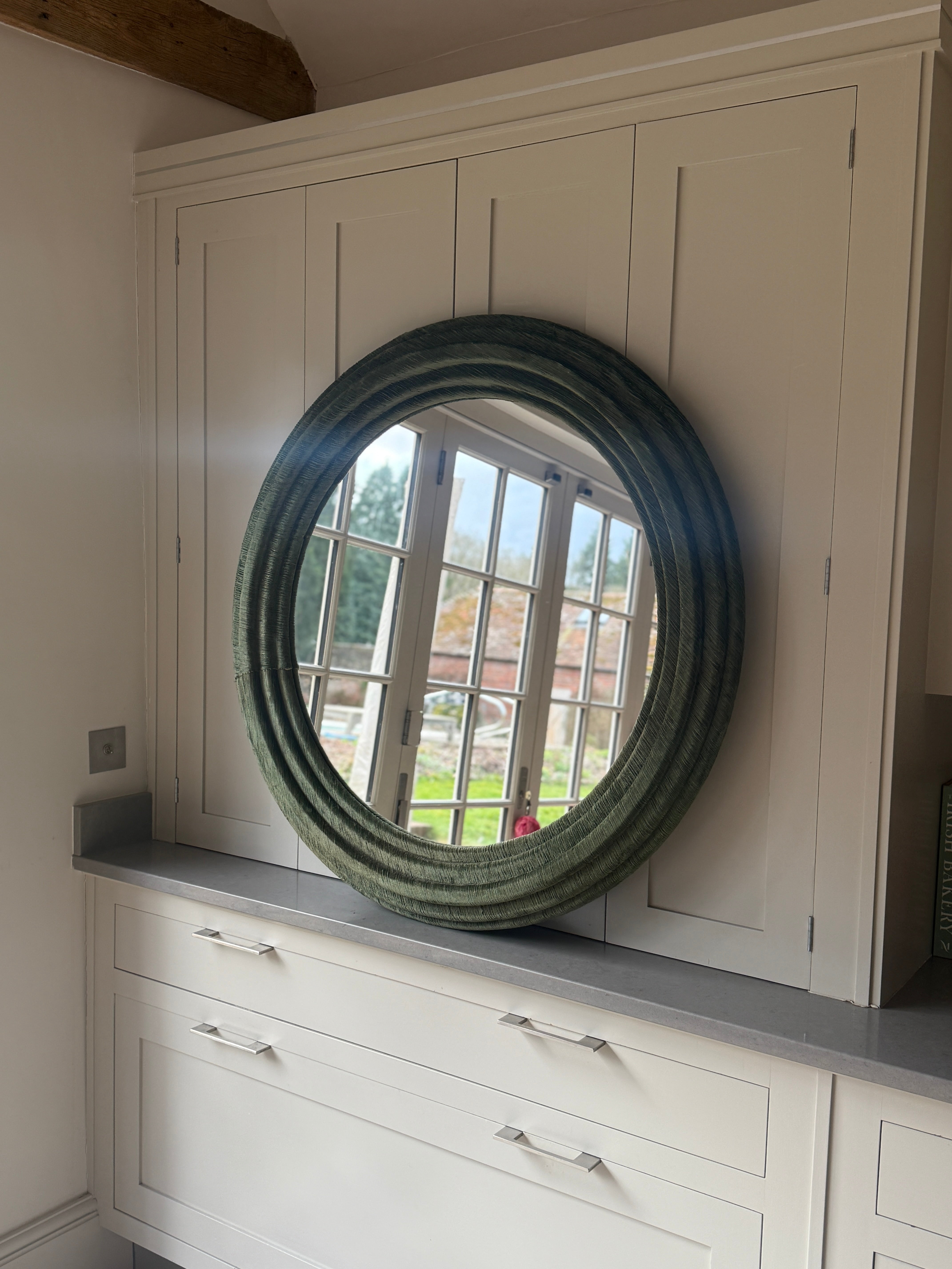 Large Modern Circular Mirror in Green Corduroy Velvet