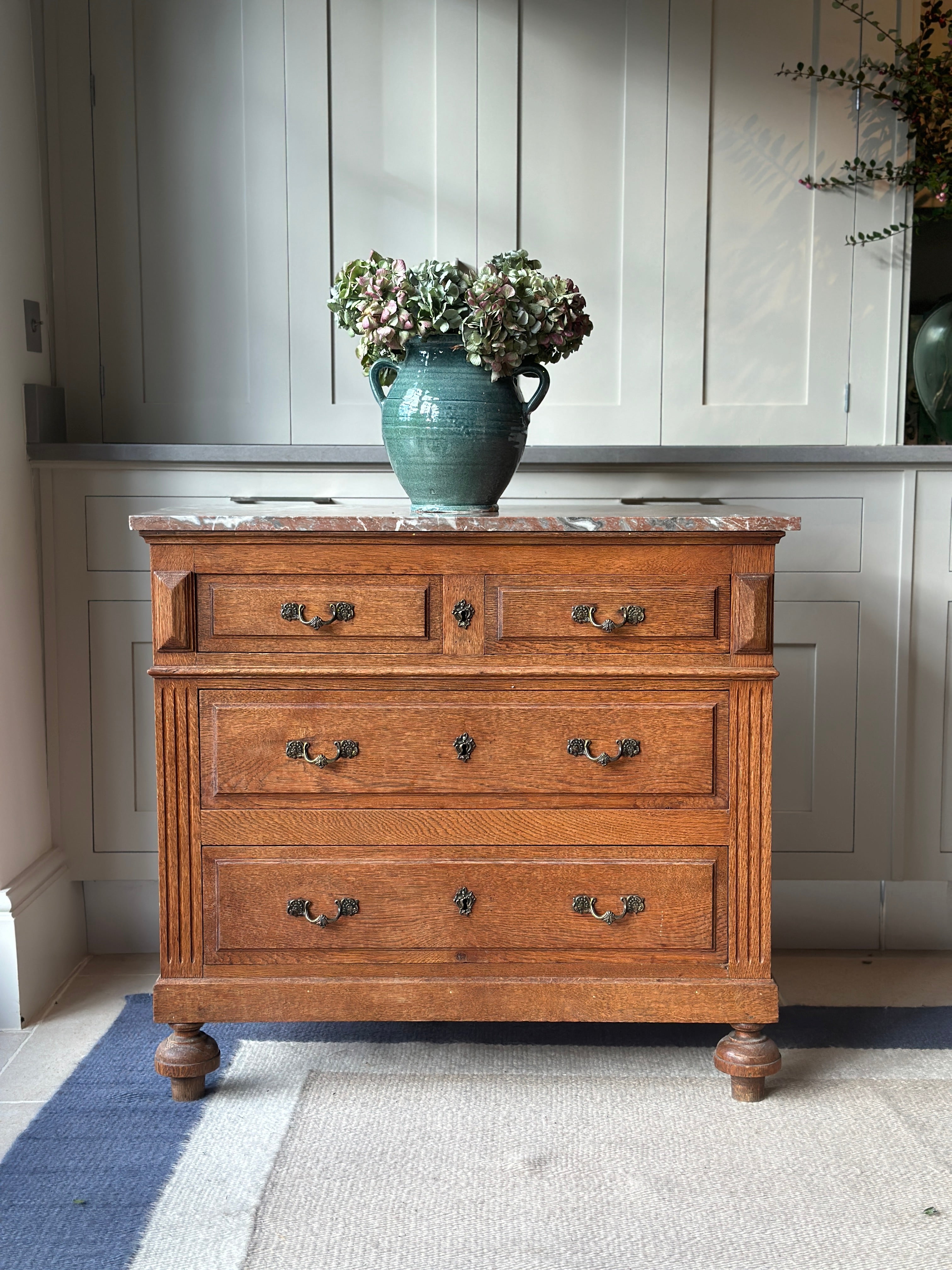 Small Early 20th Century Oak Commode with Polychrome Marble Top