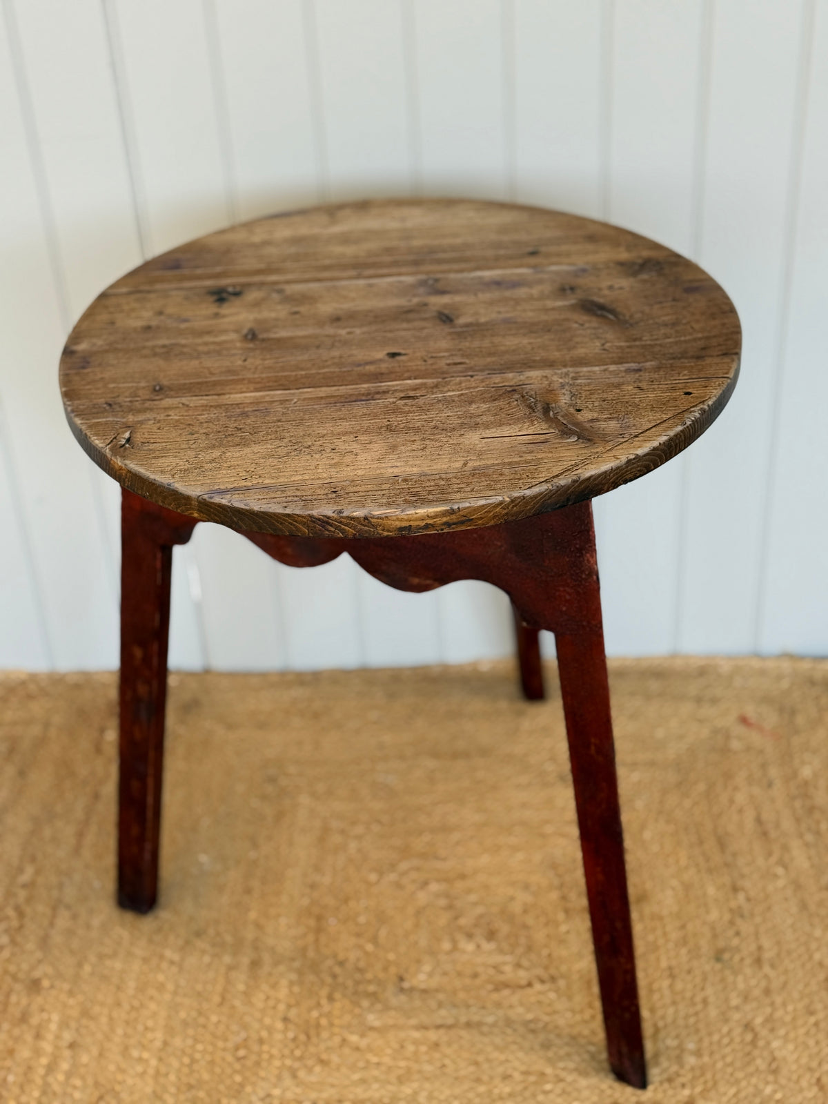 Antique Pine Cricket Table with Red Painted Base