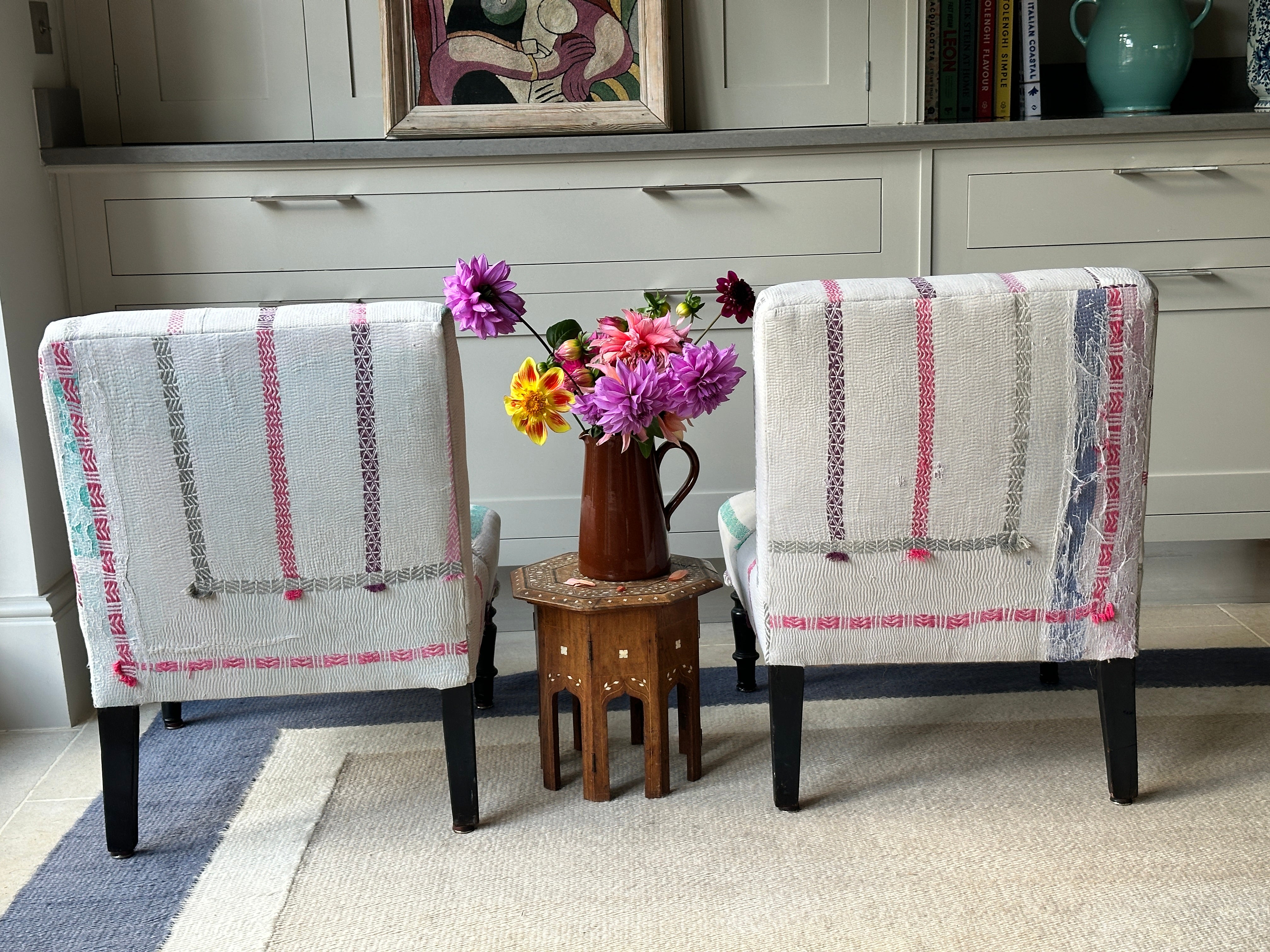Sweet Pair of French Slipper Chairs in a Candy Striped Kantha