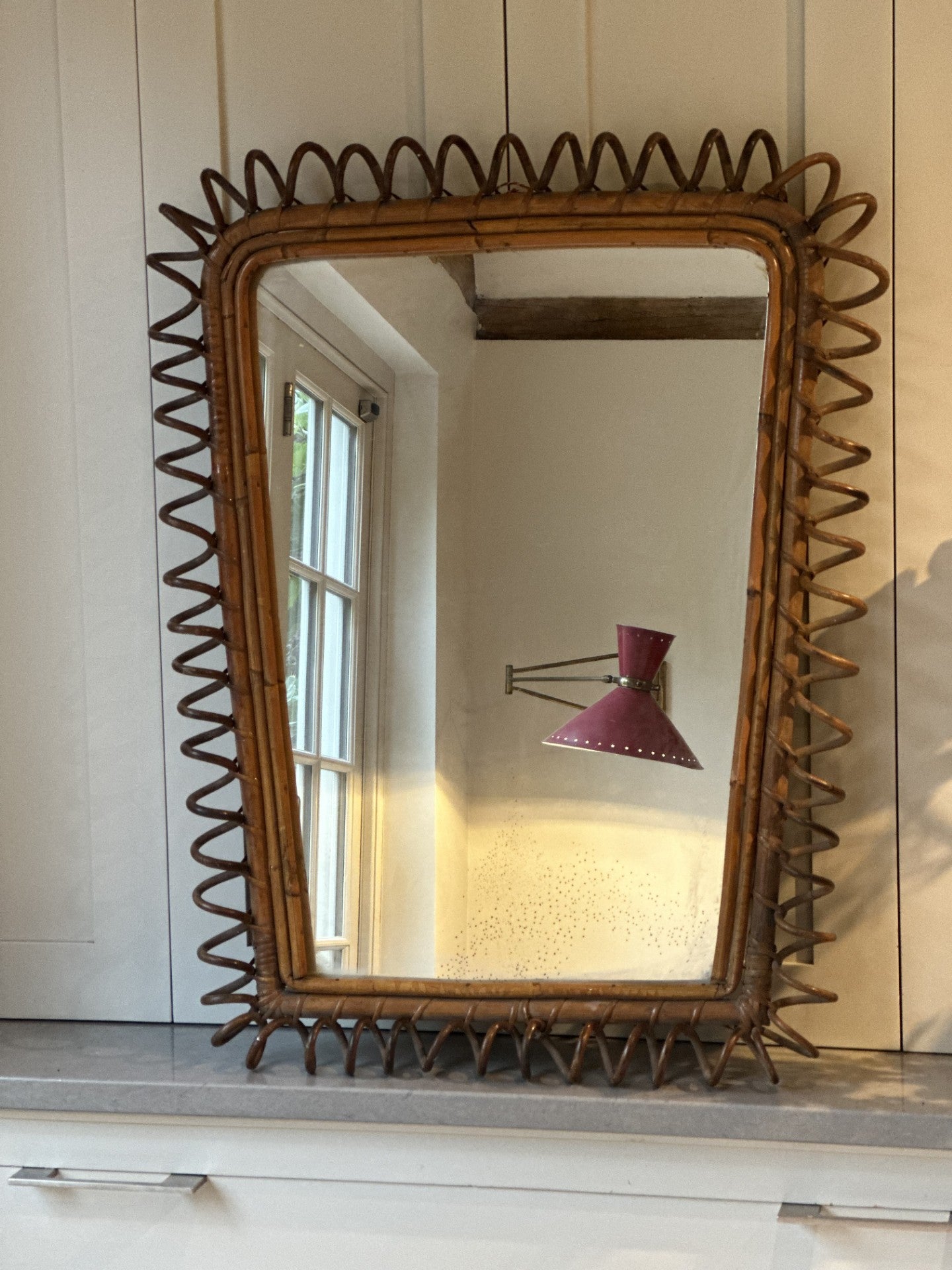 Large Mid Century Rectangular Cane Spiral Mirror
