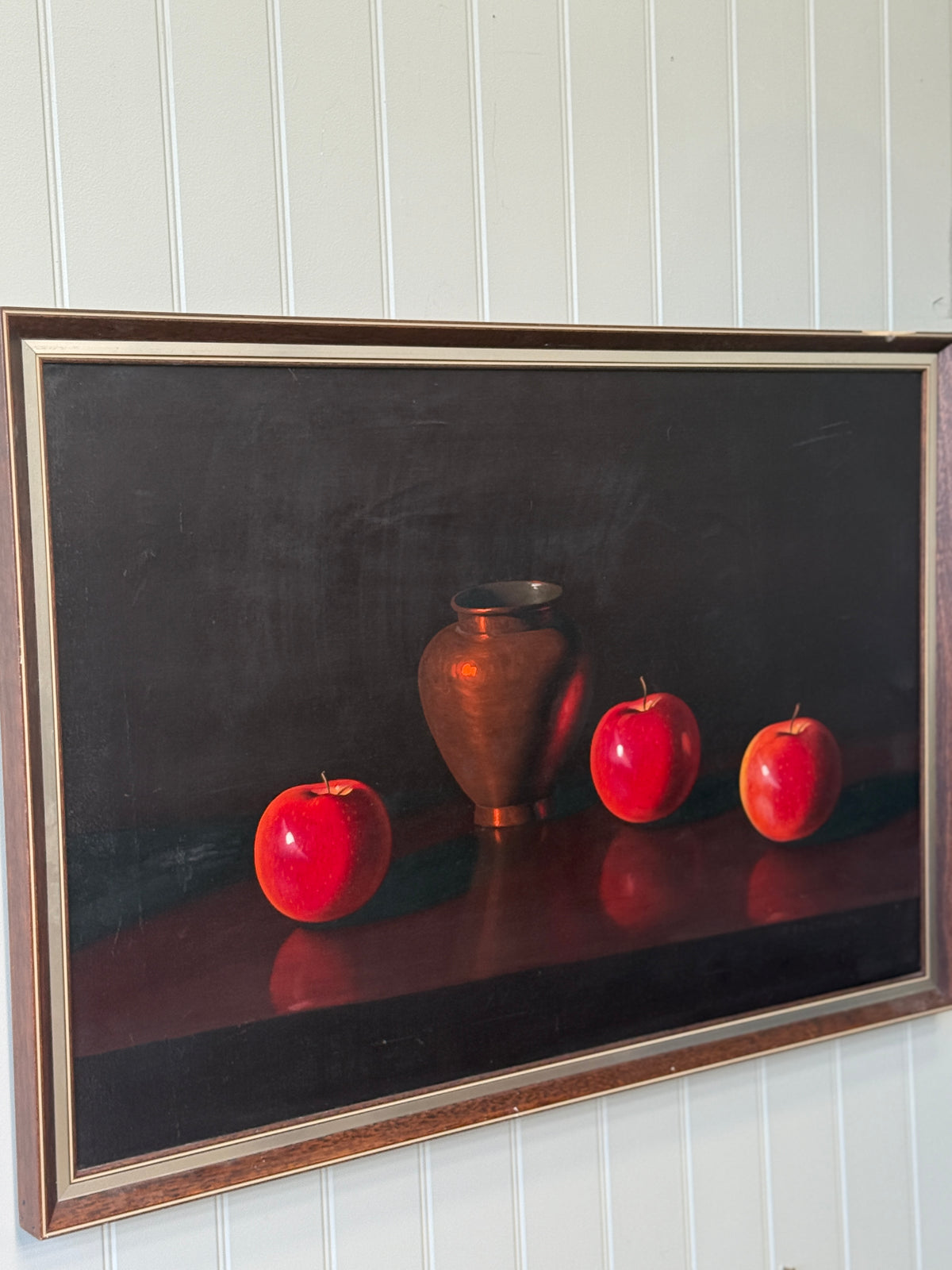 Still life oil painting in a dark, dramatic, almost Dutch Golden Age manner