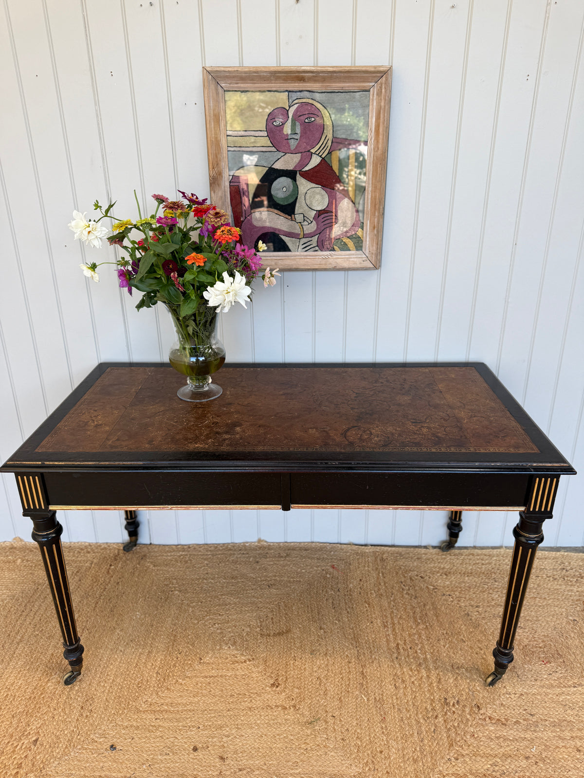 Victorian Aesthetic Movement Ebonised Writing Table with Gilt Detail and Leather Top